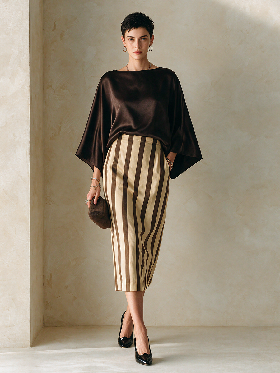 Women's Faux-Silk Striped Skirt Set With Batwing Sleeves MDZ2854H3ZRK