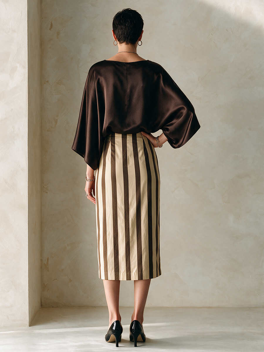 Women's Faux-Silk Striped Skirt Set With Batwing Sleeves MDZ2854H3ZRK