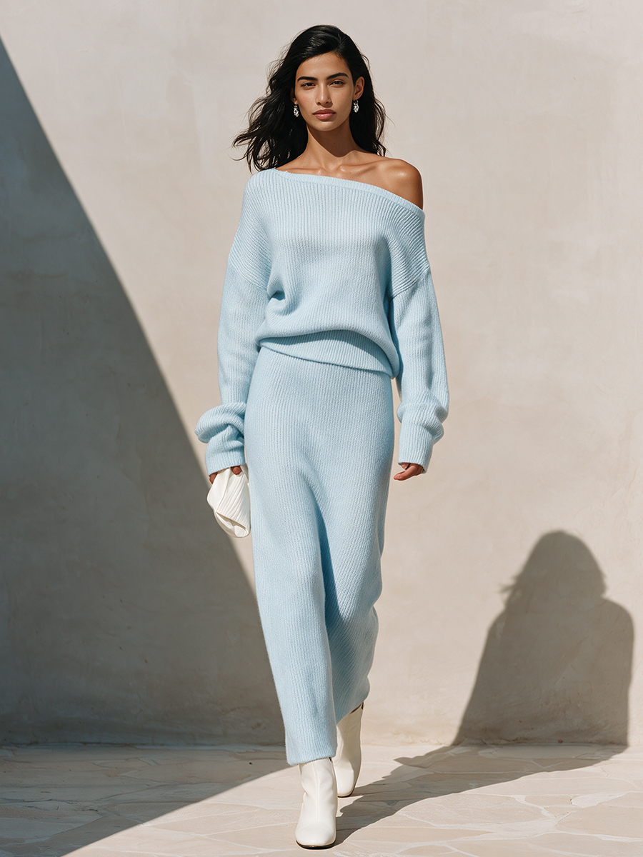 Women's Off-Shoulder Knit Wide-Leg Pant Set MDZ2877H2ZRK
