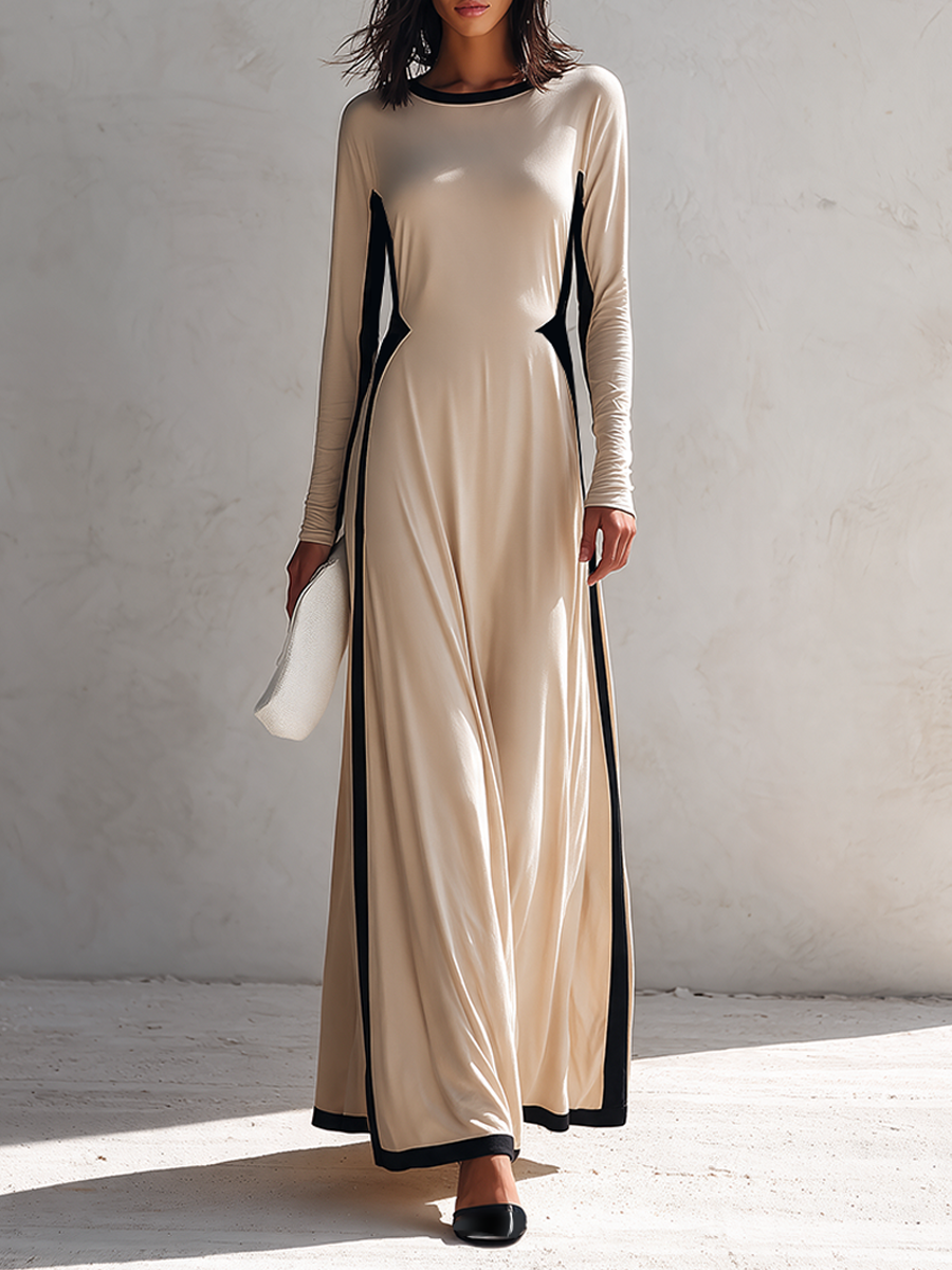 Women's Long-Sleeve Knitted Maxi Dress With Contrast Piping MDZ2818H7ZRK