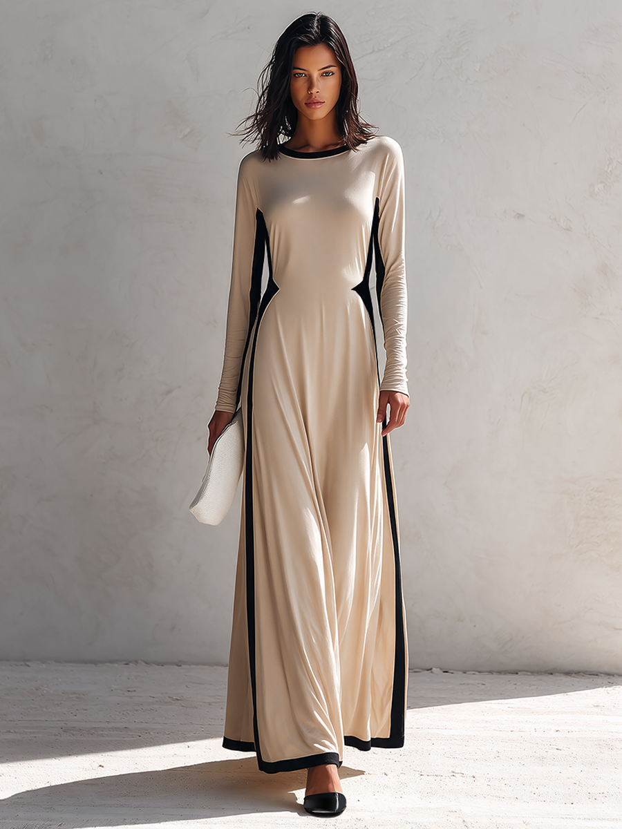 Women's Long-Sleeve Knitted Maxi Dress With Contrast Piping MDZ2818H7ZRK