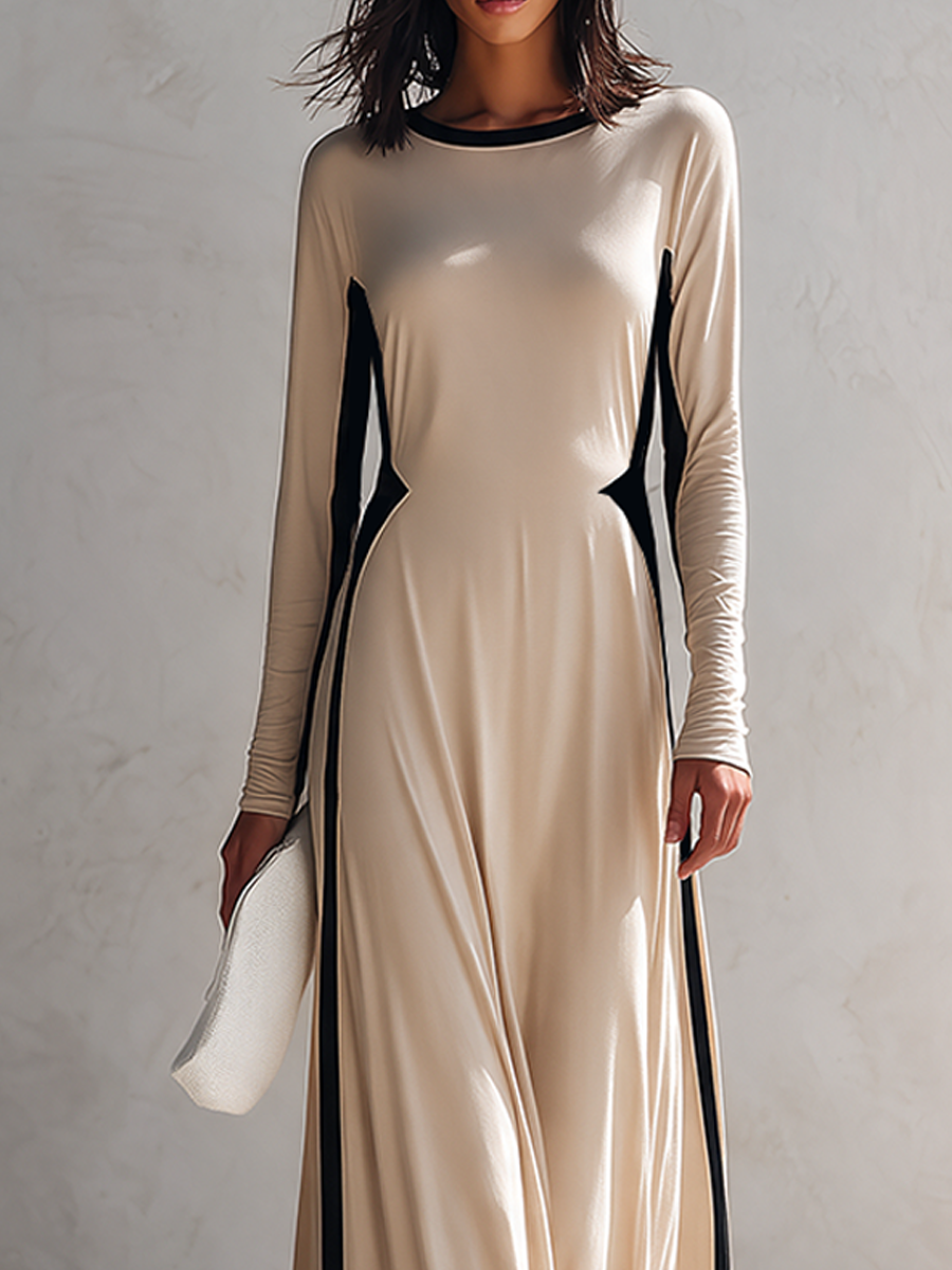 Women's Long-Sleeve Knitted Maxi Dress With Contrast Piping MDZ2818H7ZRK