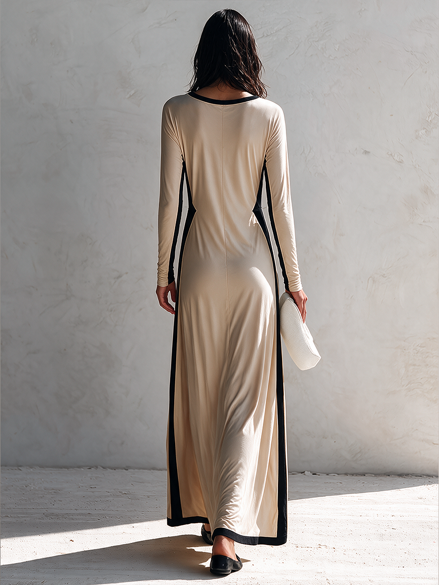 Women's Long-Sleeve Knitted Maxi Dress With Contrast Piping MDZ2818H7ZRK