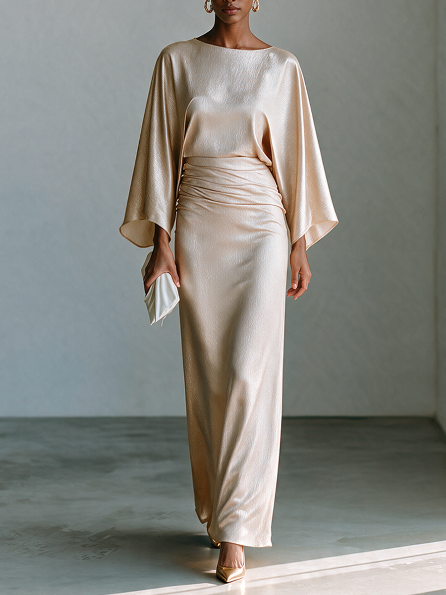 Women's Long Faux-Silk Dress With Batwing Sleeves And Waist Ruching MDZ2812H6ZRK