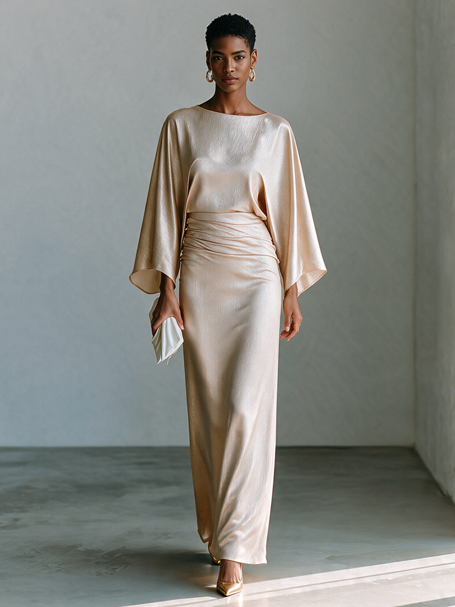 Women's Long Faux-Silk Dress With Batwing Sleeves And Waist Ruching MDZ2812H6ZRK