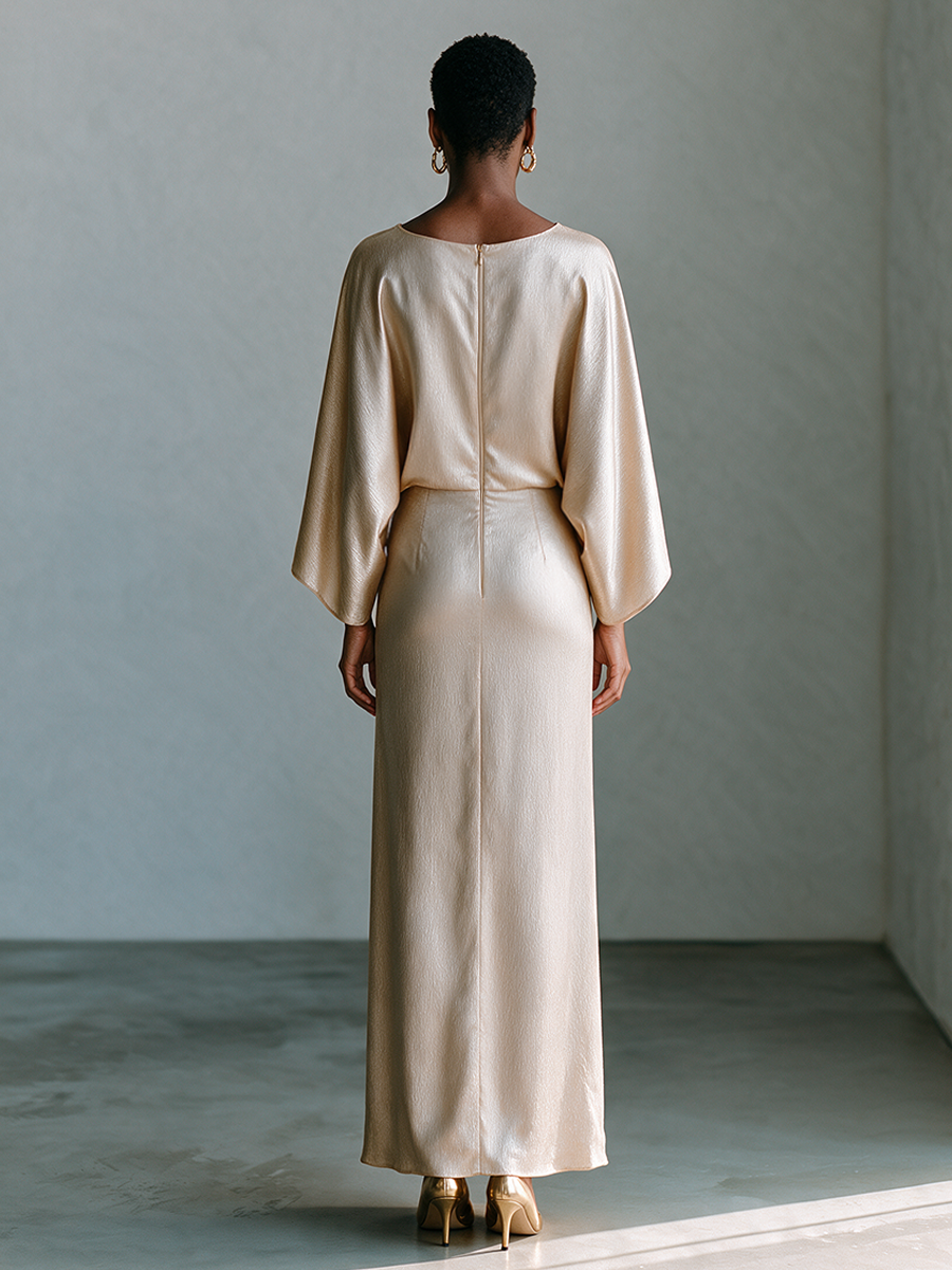Women's Long Faux-Silk Dress With Batwing Sleeves And Waist Ruching MDZ2812H6ZRK