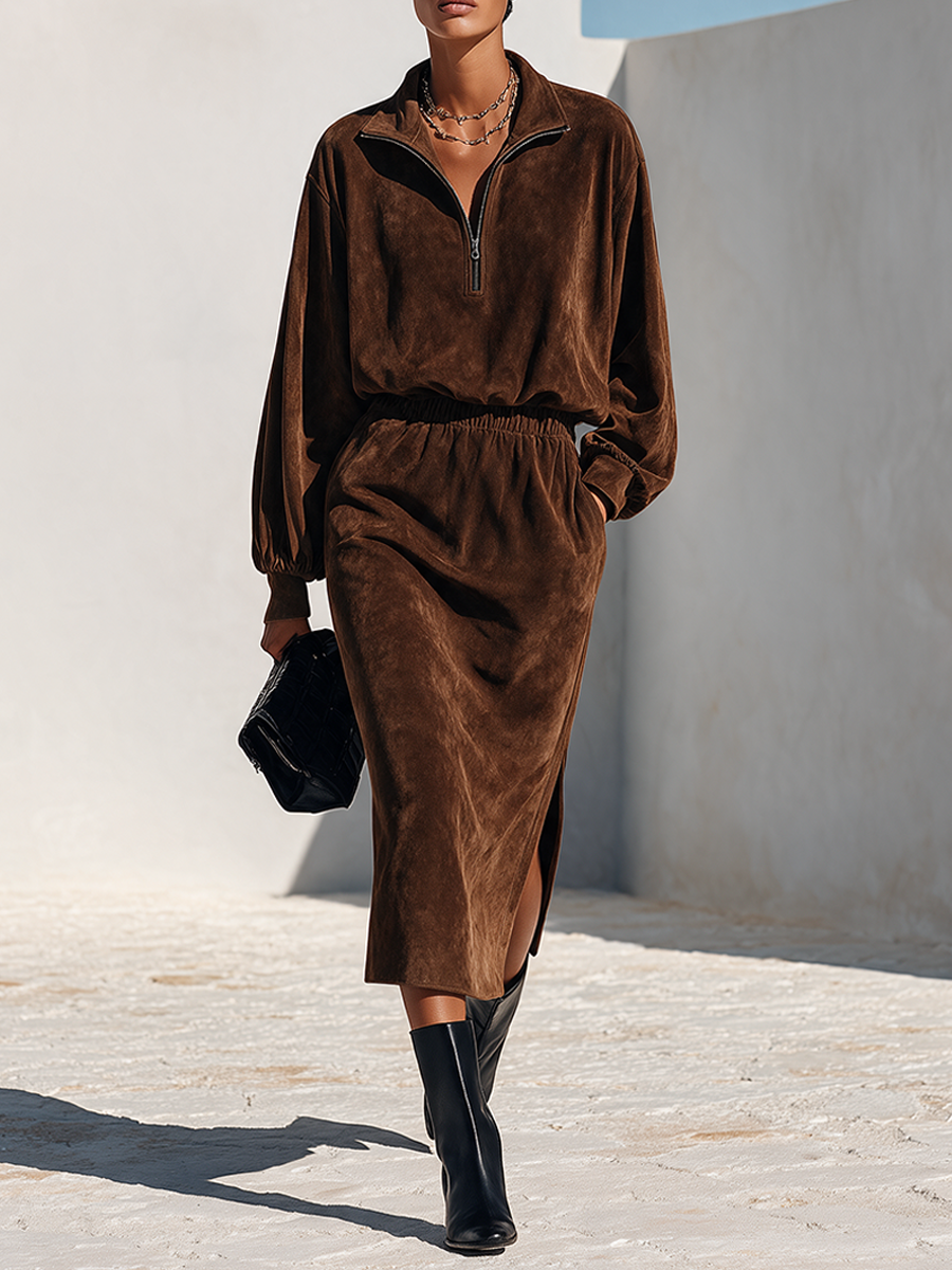 Women's Faux Suede Midi Dress With Half-Zip Stand Collar MDZ2861H4ZRK