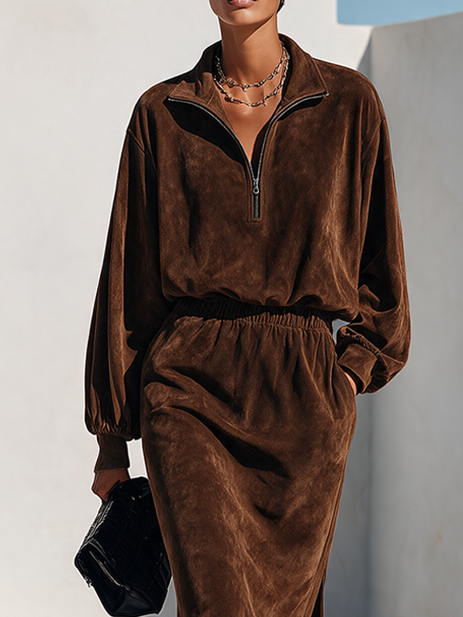 Women's Faux Suede Midi Dress With Half-Zip Stand Collar MDZ2861H4ZRK
