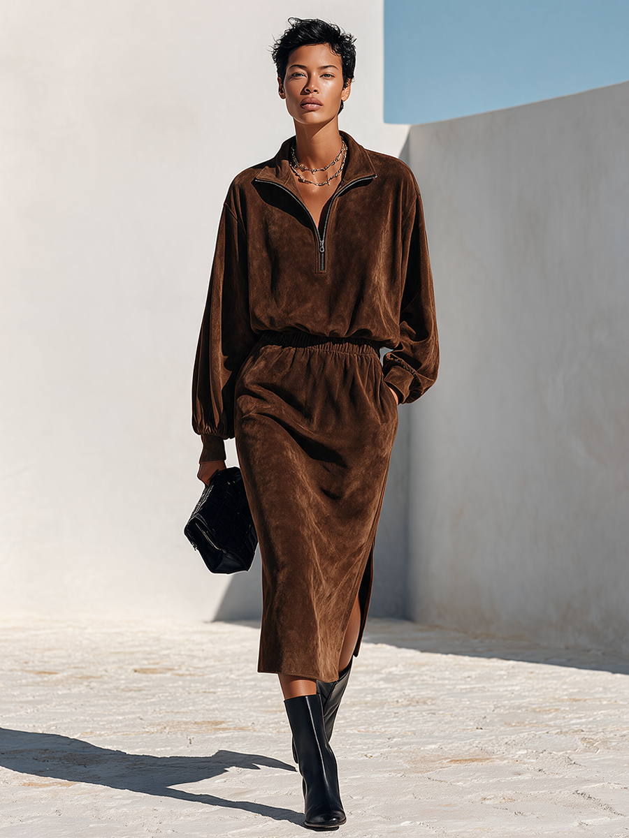 Women's Faux Suede Midi Dress With Half-Zip Stand Collar MDZ2861H4ZRK