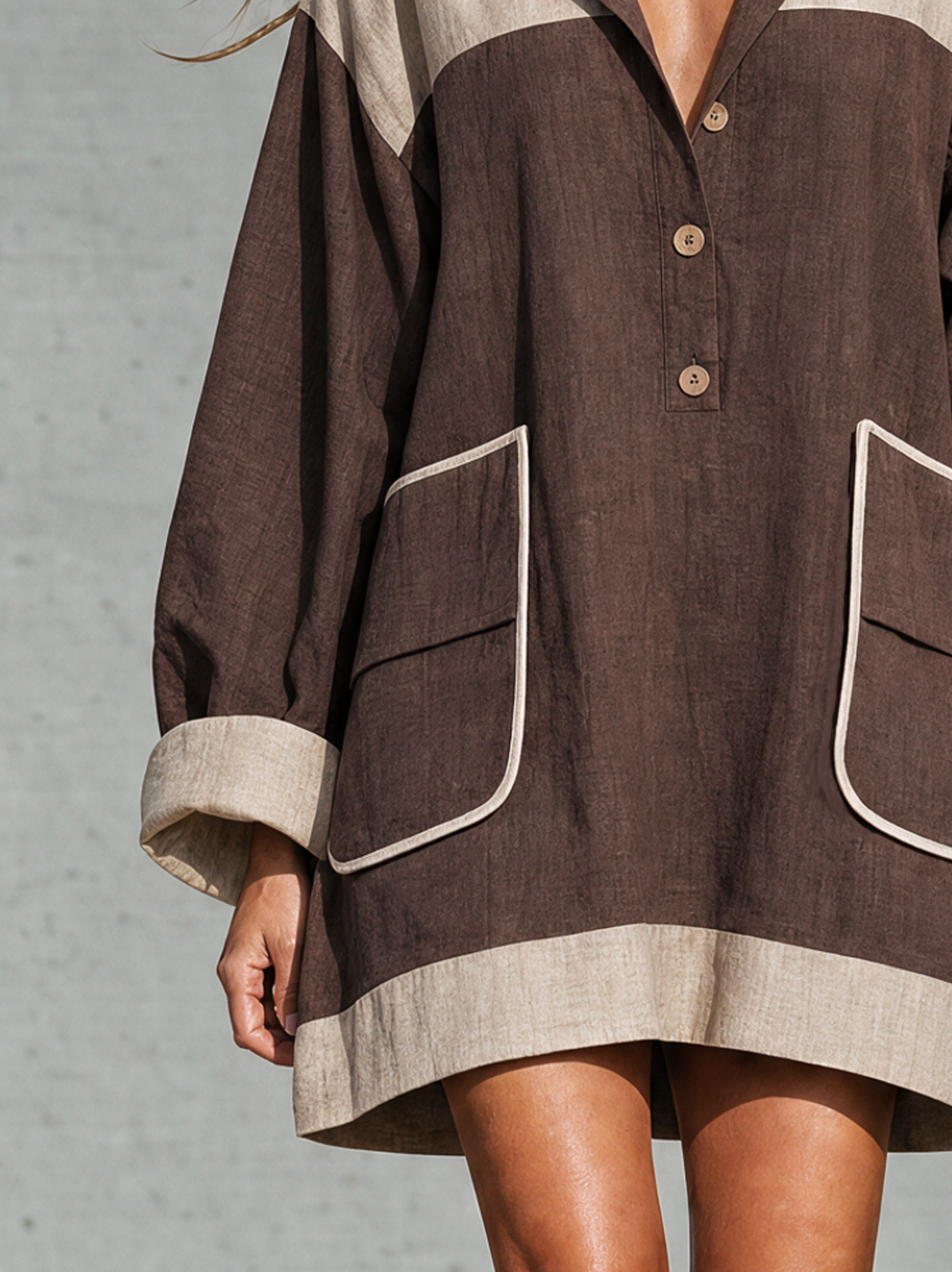 Women's Casual Long-Sleeve Mini Dress – Brown & Beige Color-Block Cotton-Linen Blend MDZ2827H5LXY