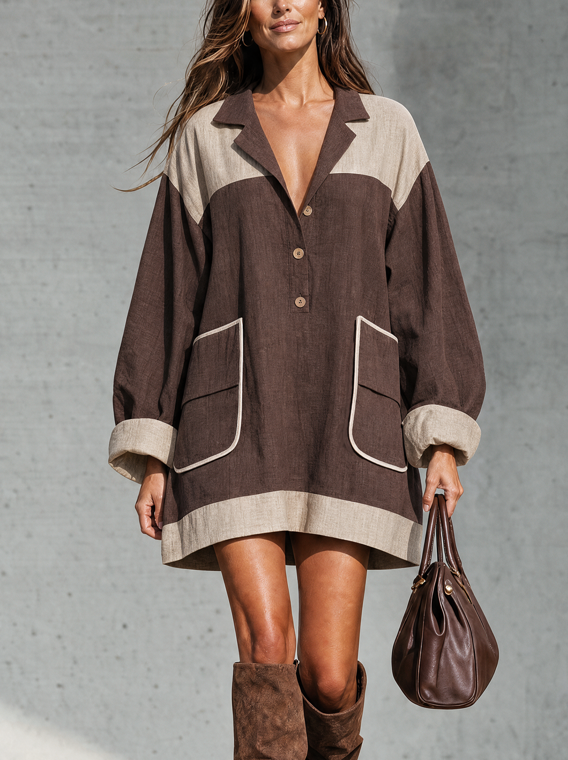 Women's Casual Long-Sleeve Mini Dress – Brown & Beige Color-Block Cotton-Linen Blend MDZ2827H5LXY
