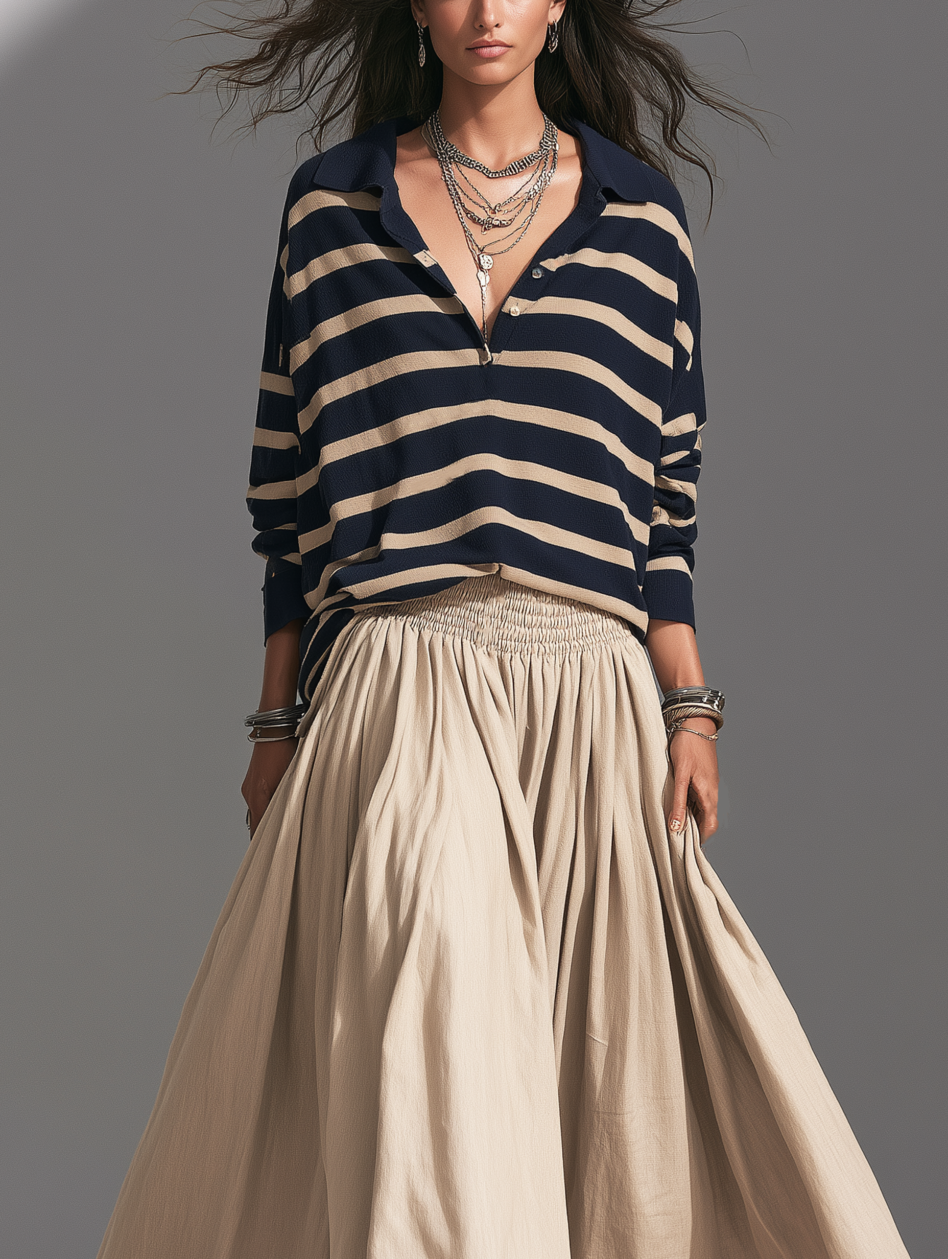 Women's Casual Striped Knit Sweatshirt And Khaki Woven Skirt Two-Piece Set MDZ2800H3LXY