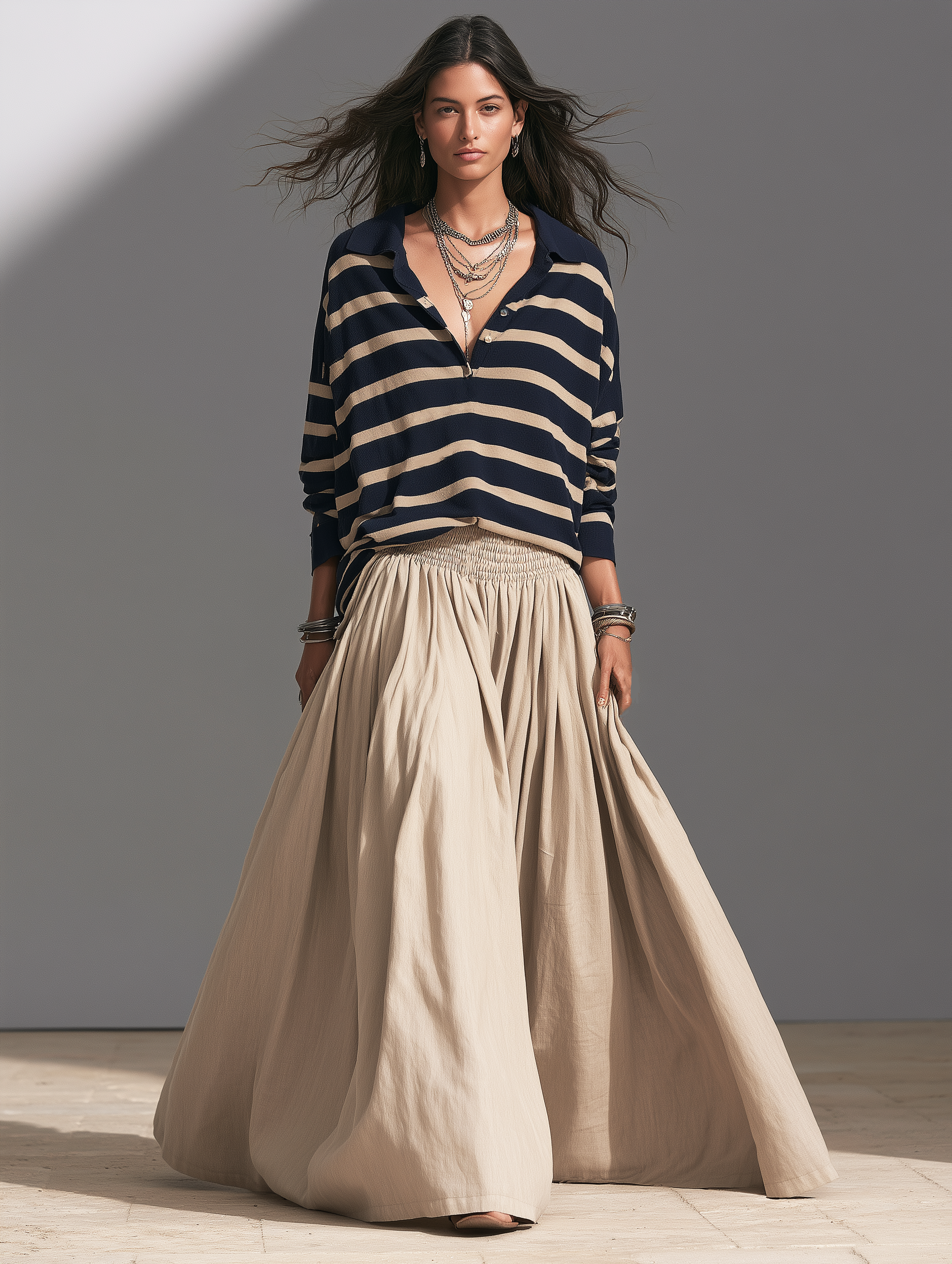 Women's Casual Striped Knit Sweatshirt And Khaki Woven Skirt Two-Piece Set MDZ2800H3LXY