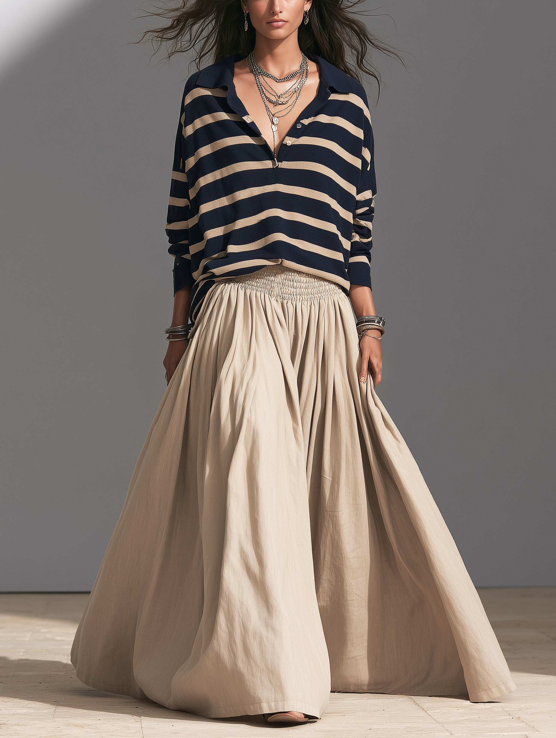 Women's Casual Striped Knit Sweatshirt And Khaki Woven Skirt Two-Piece Set MDZ2800H3LXY