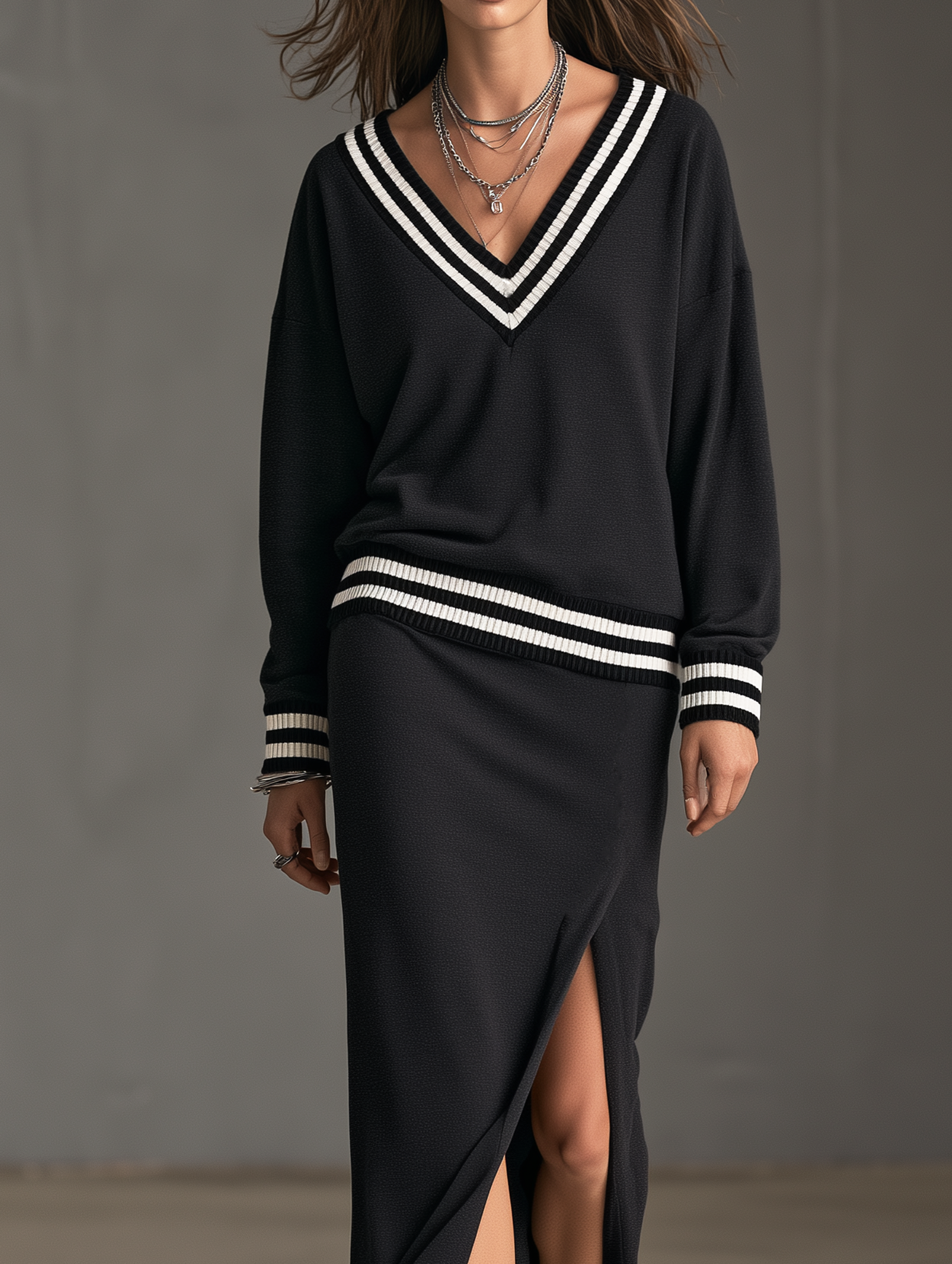 Women's Casual Dark Grey V-Neck Long-Sleeve Sweatshirt Fabric Top And Skirt Two-Piece Set MDZ2889H5LXY