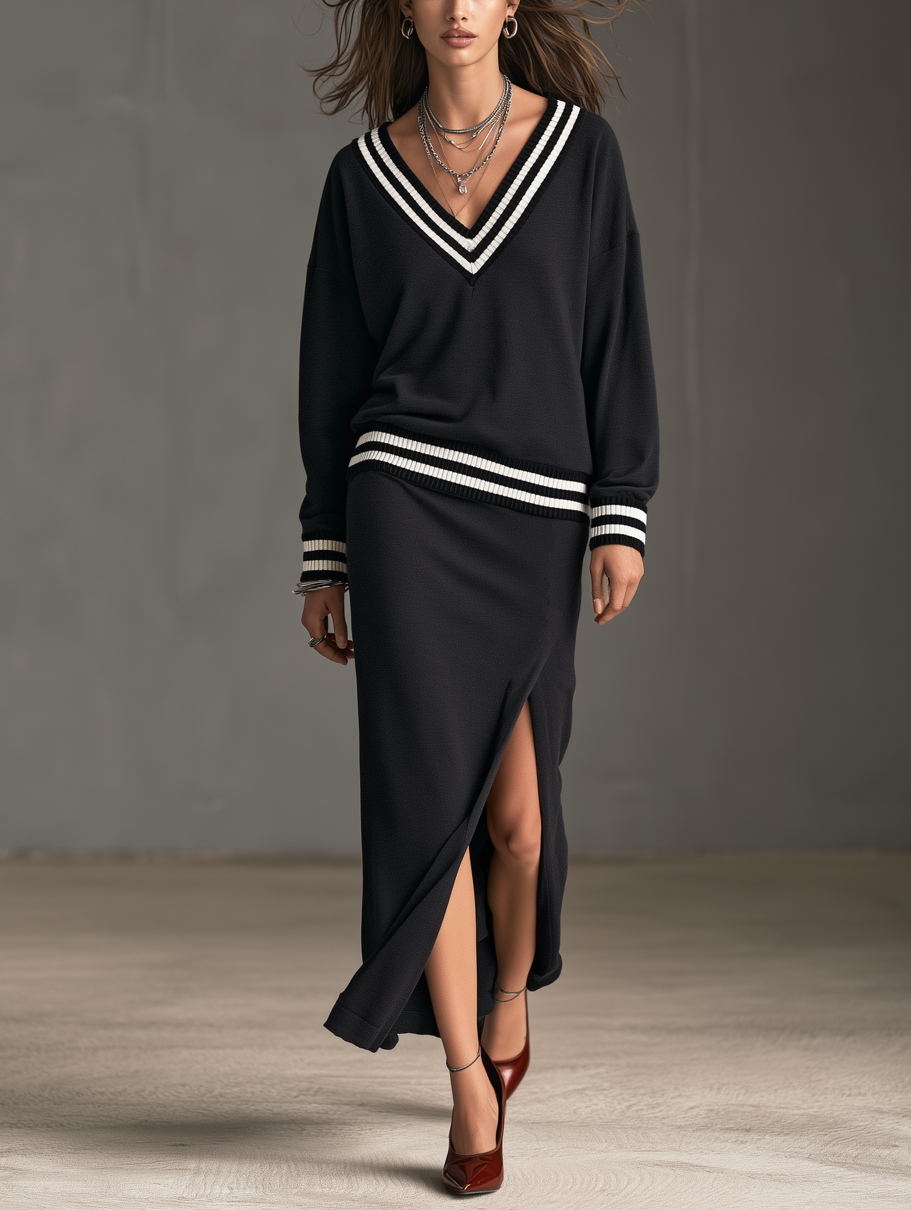 Women's Casual Dark Grey V-Neck Long-Sleeve Sweatshirt Fabric Top And Skirt Two-Piece Set MDZ2889H5LXY