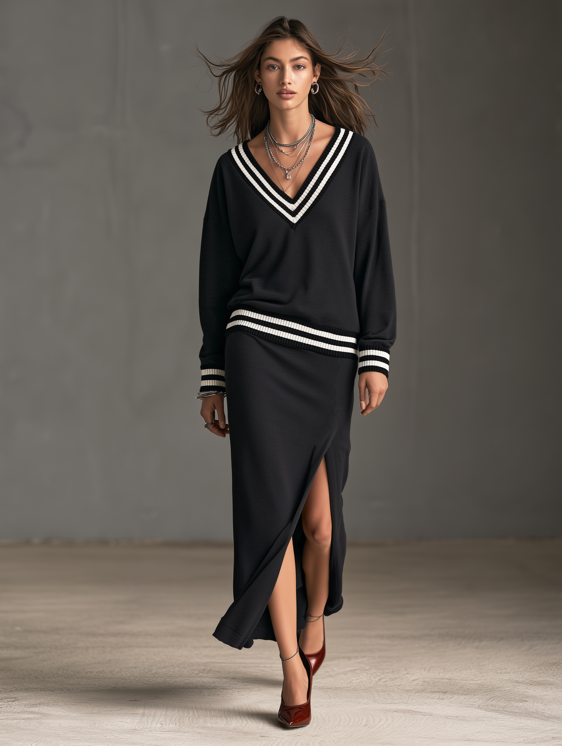 Women's Casual Dark Grey V-Neck Long-Sleeve Sweatshirt Fabric Top And Skirt Two-Piece Set MDZ2889H5LXY
