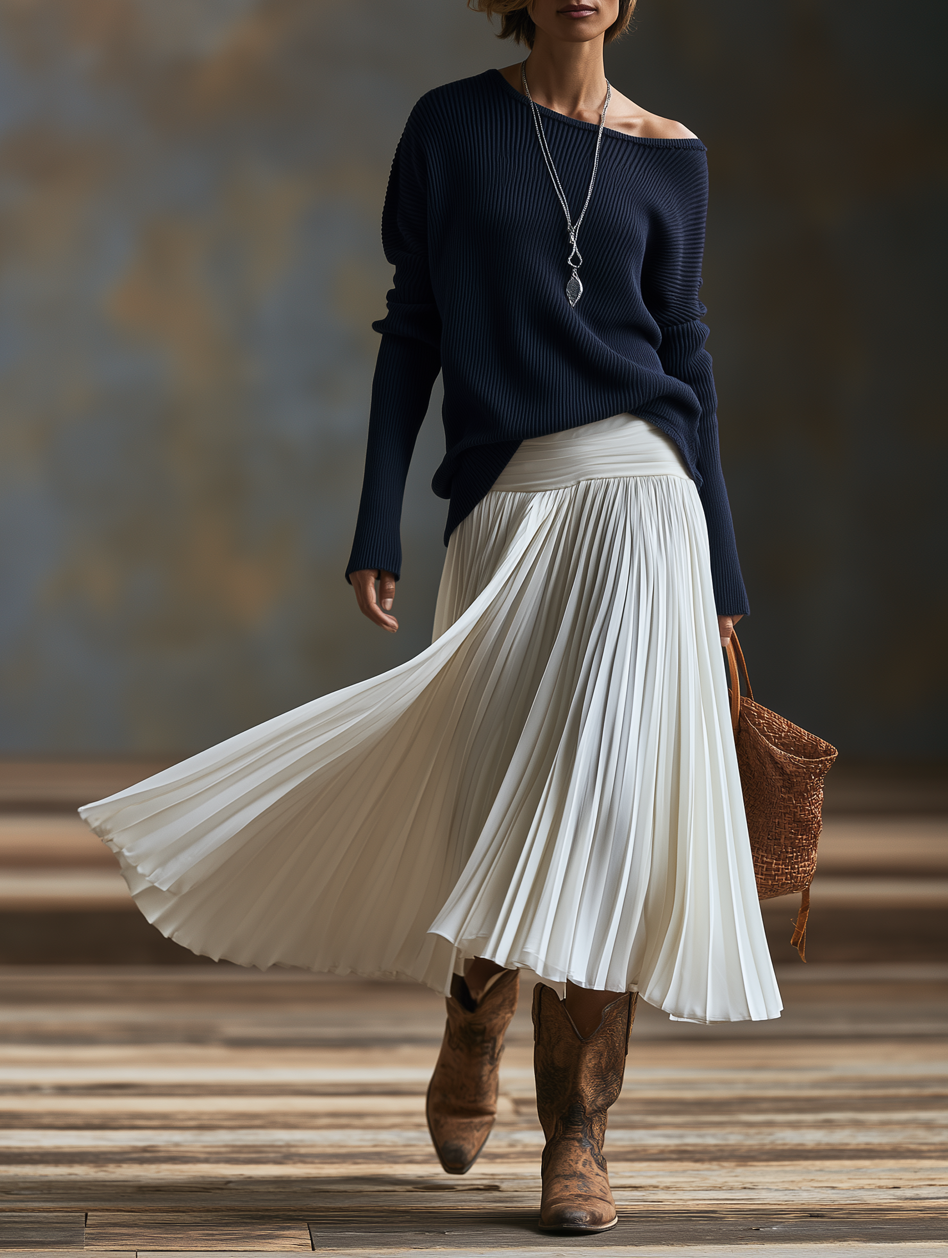 Women's Vintage Long-Sleeve Sweater And Pleated Skirt Set MDZ2891H9WY