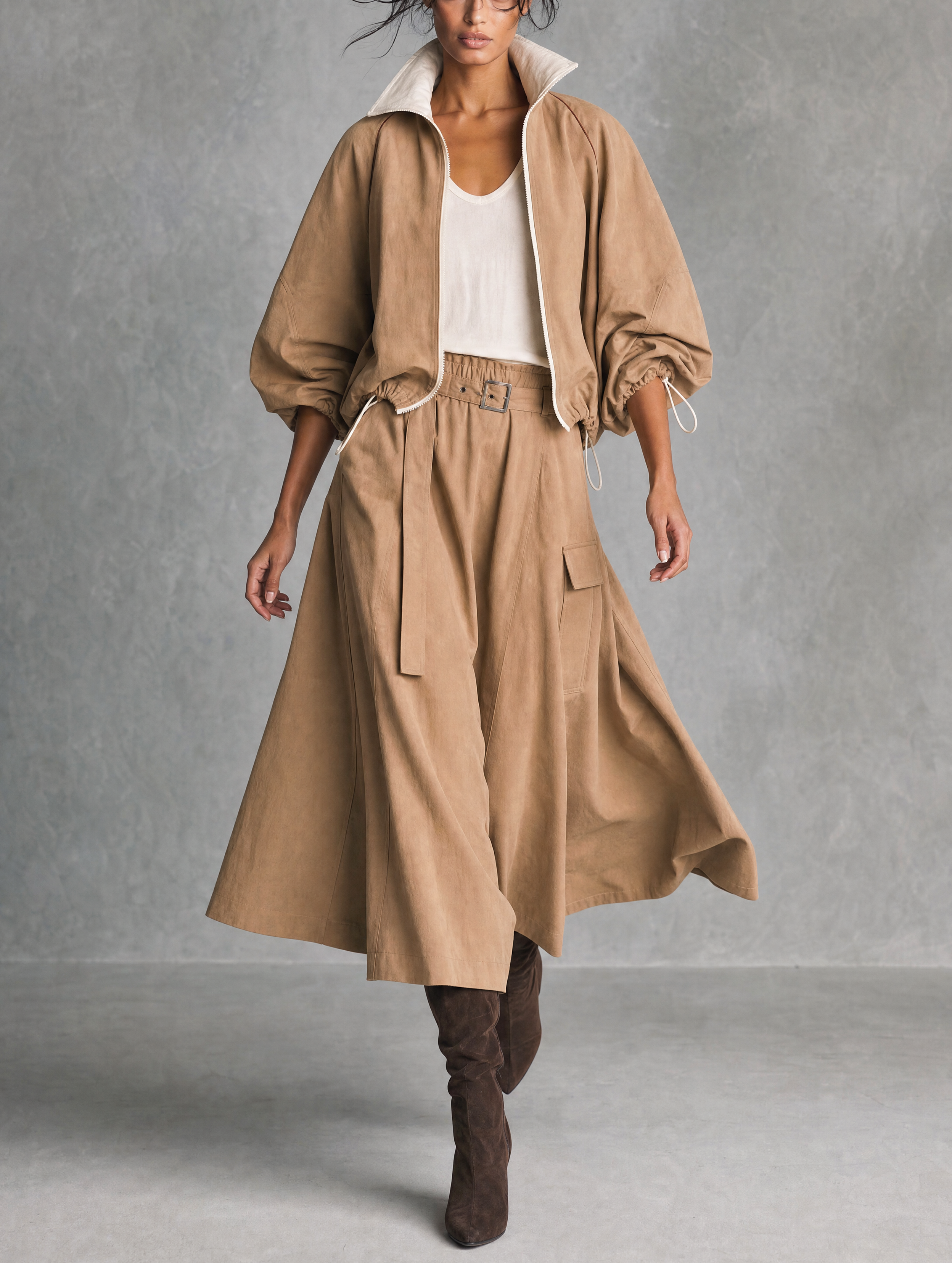 Women's Casual Khaki Woven Long-Sleeve Jacket And Skirt Two-Piece Set (White Inner Top Not Included) MDZ2805H6LXY