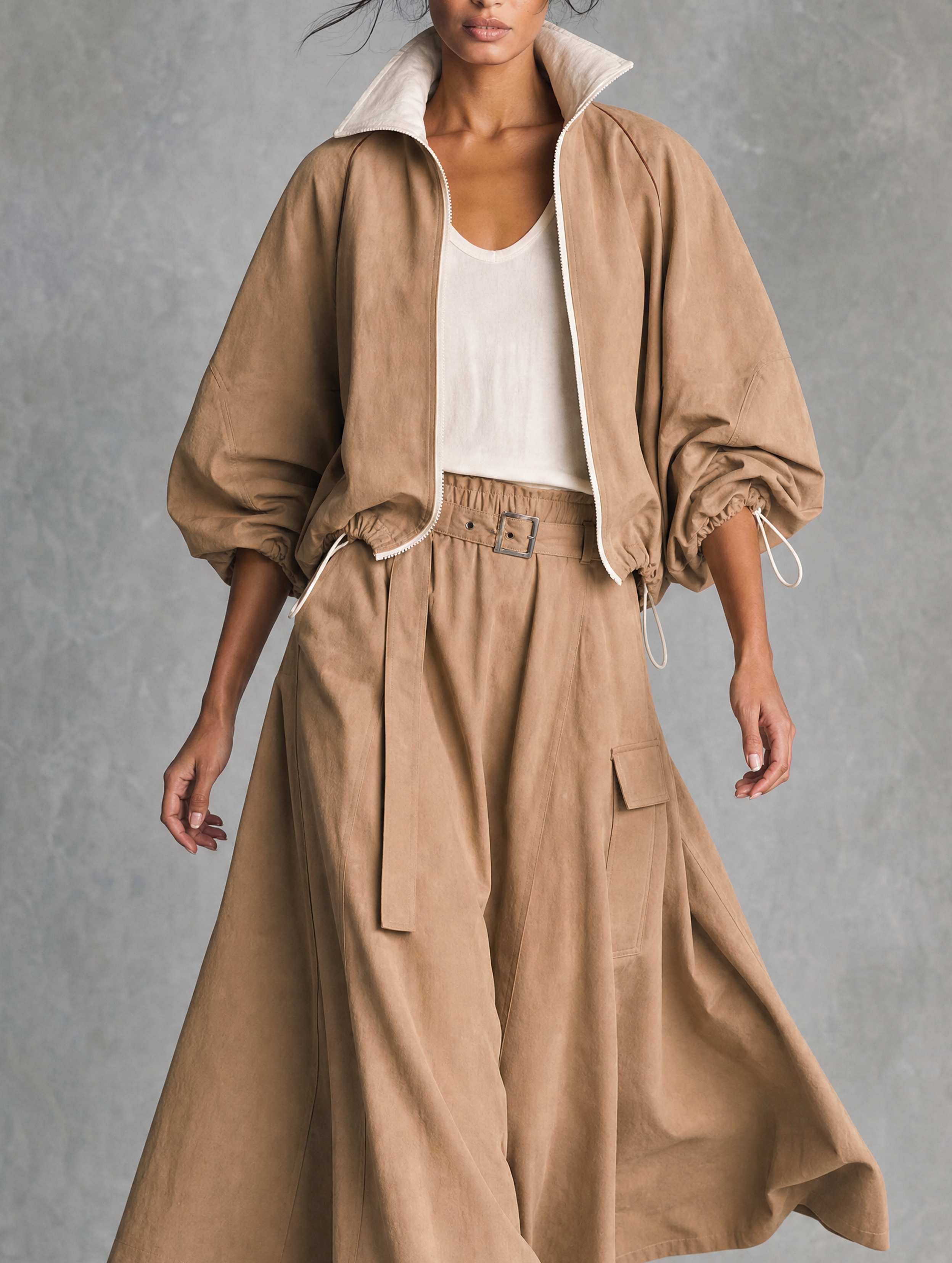 Women's Casual Khaki Woven Long-Sleeve Jacket And Skirt Two-Piece Set (White Inner Top Not Included) MDZ2805H6LXY