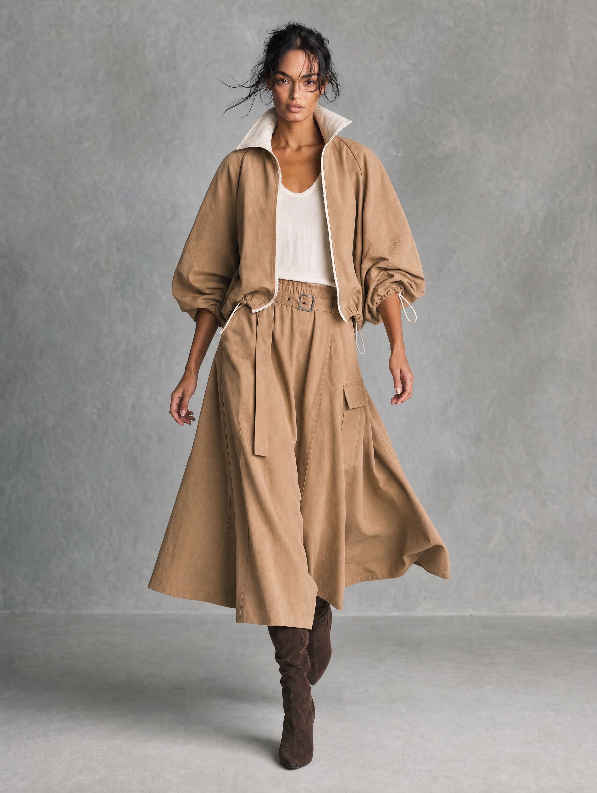 Women's Casual Khaki Woven Long-Sleeve Jacket And Skirt Two-Piece Set (White Inner Top Not Included) MDZ2805H6LXY