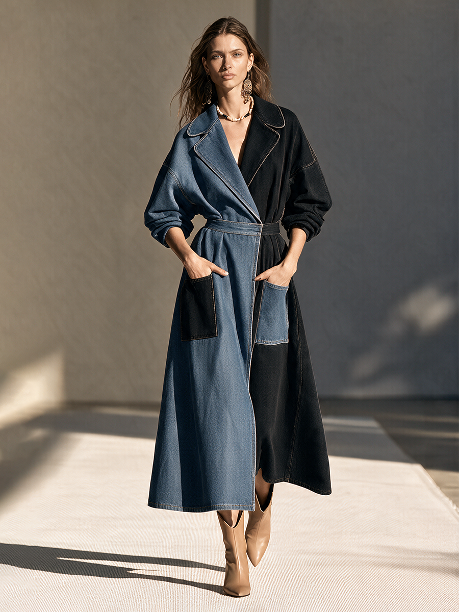 Women's Collared Colorblock Drop-Shoulder Long-Sleeve Denim Long Coat MDZ2868H5CMX