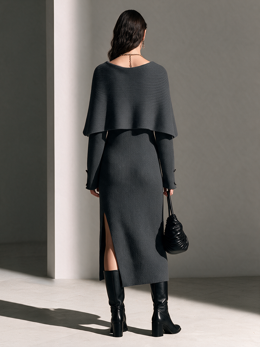 Women's Cape V-Neck Long-Sleeve Slit Wool-Knit Maxi Dress MDZ2821H0CMX