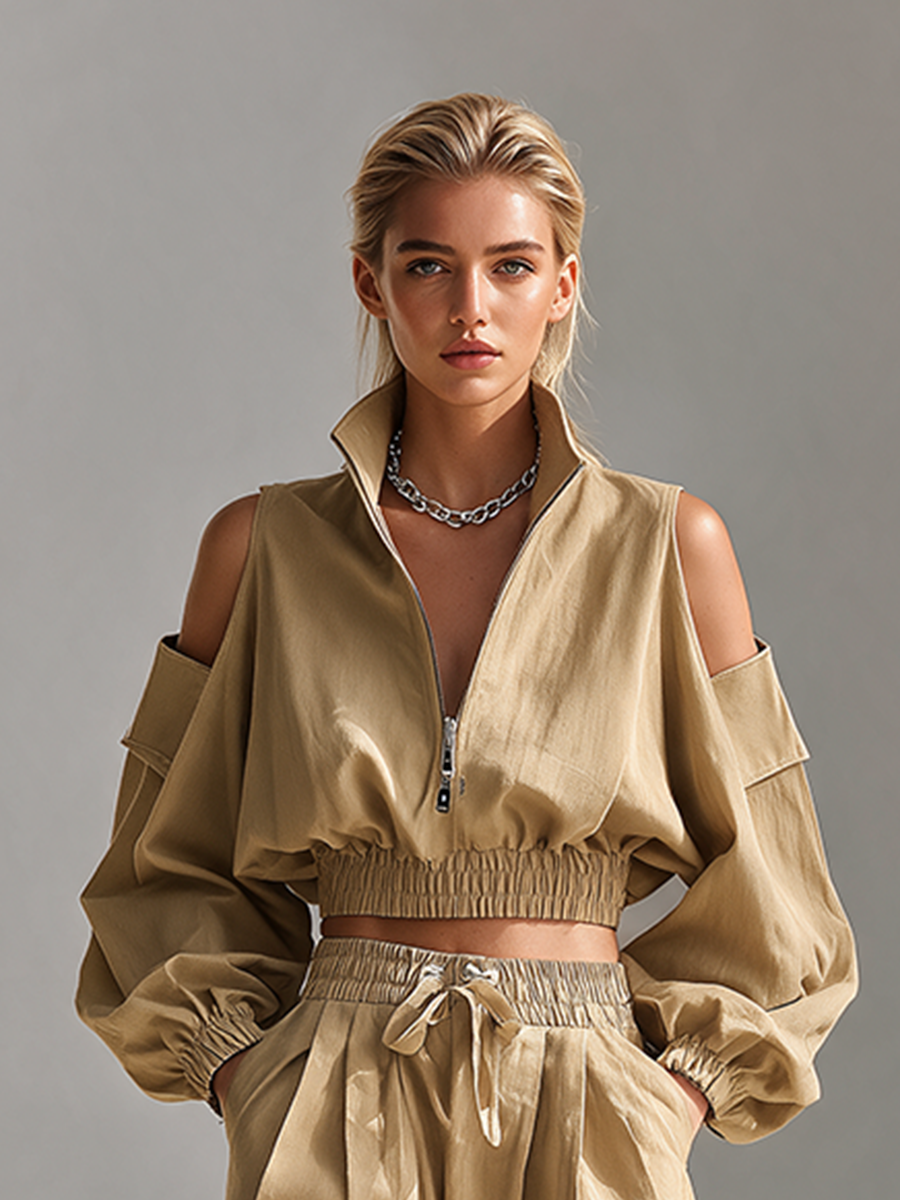 Women's Half-Zip Cold-Shoulder Balloon-Sleeve Cropped Top And Drawstring Cuffed Pants Two-Piece Set MDZ2611H8CMX