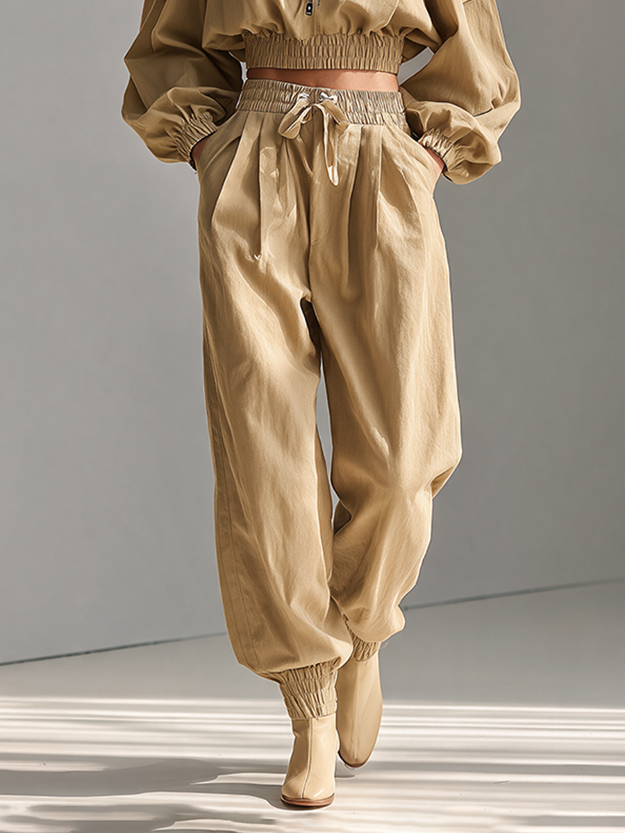 Women's Half-Zip Cold-Shoulder Balloon-Sleeve Cropped Top And Drawstring Cuffed Pants Two-Piece Set MDZ2611H8CMX