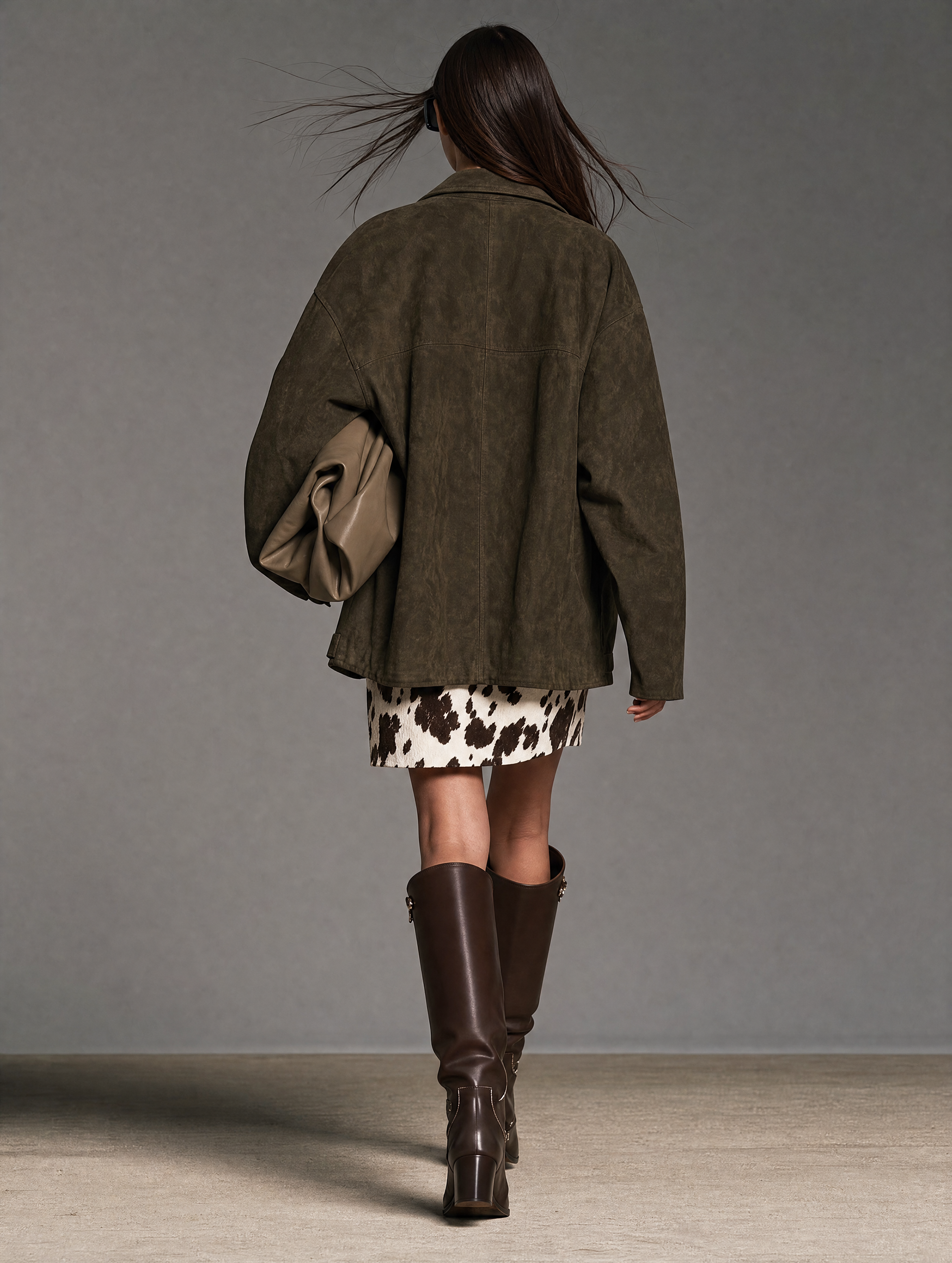 Women's Stylish Army Green Suede Long-Sleeve Blazer And An Eco-Fur Camisole Dress Two-Piece Set MDZ2850H9LXY