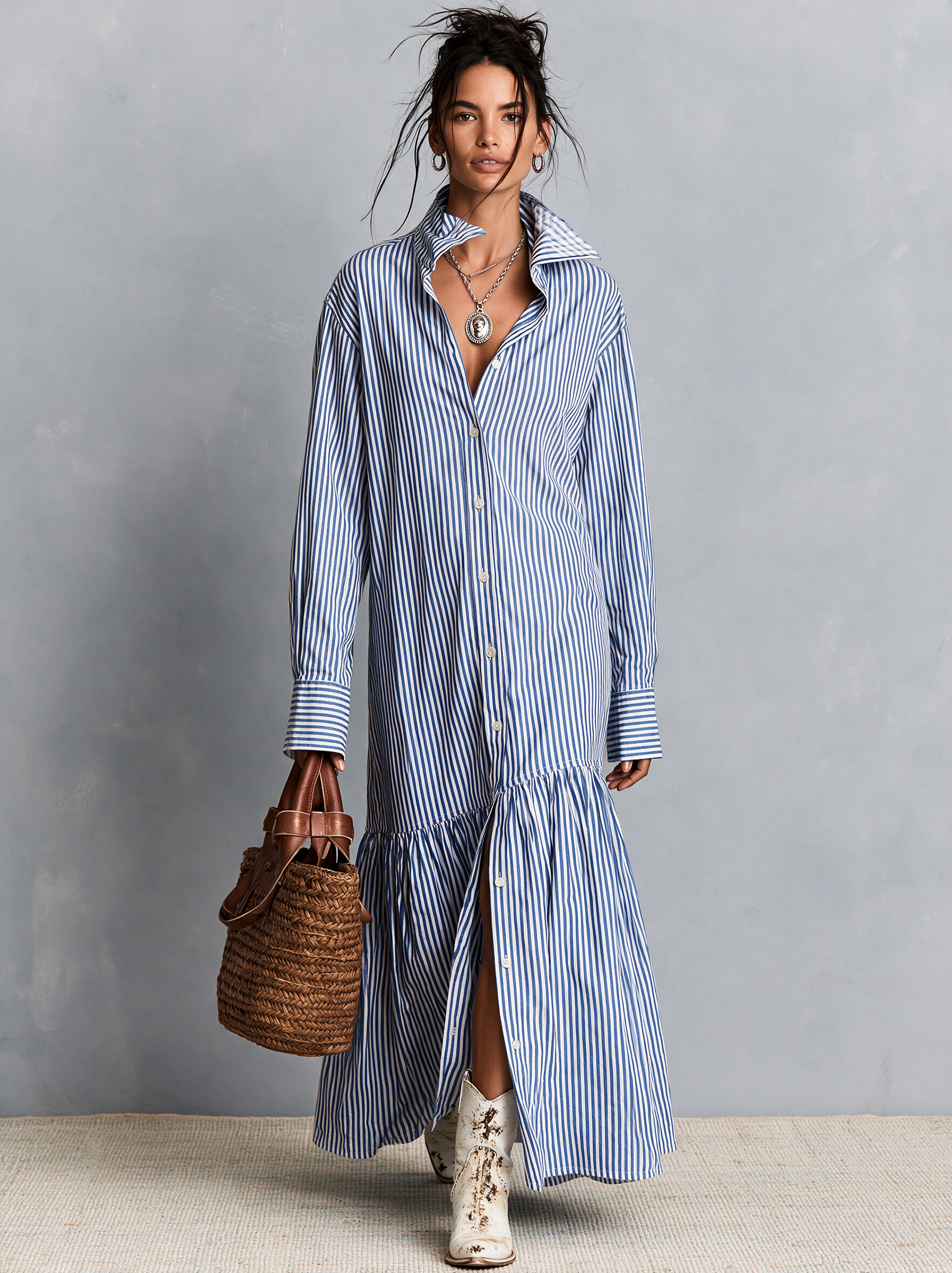 Women's Vintage Zip-Collar Sweater And Striped Maxi Dress Set MDZ2881H0WY