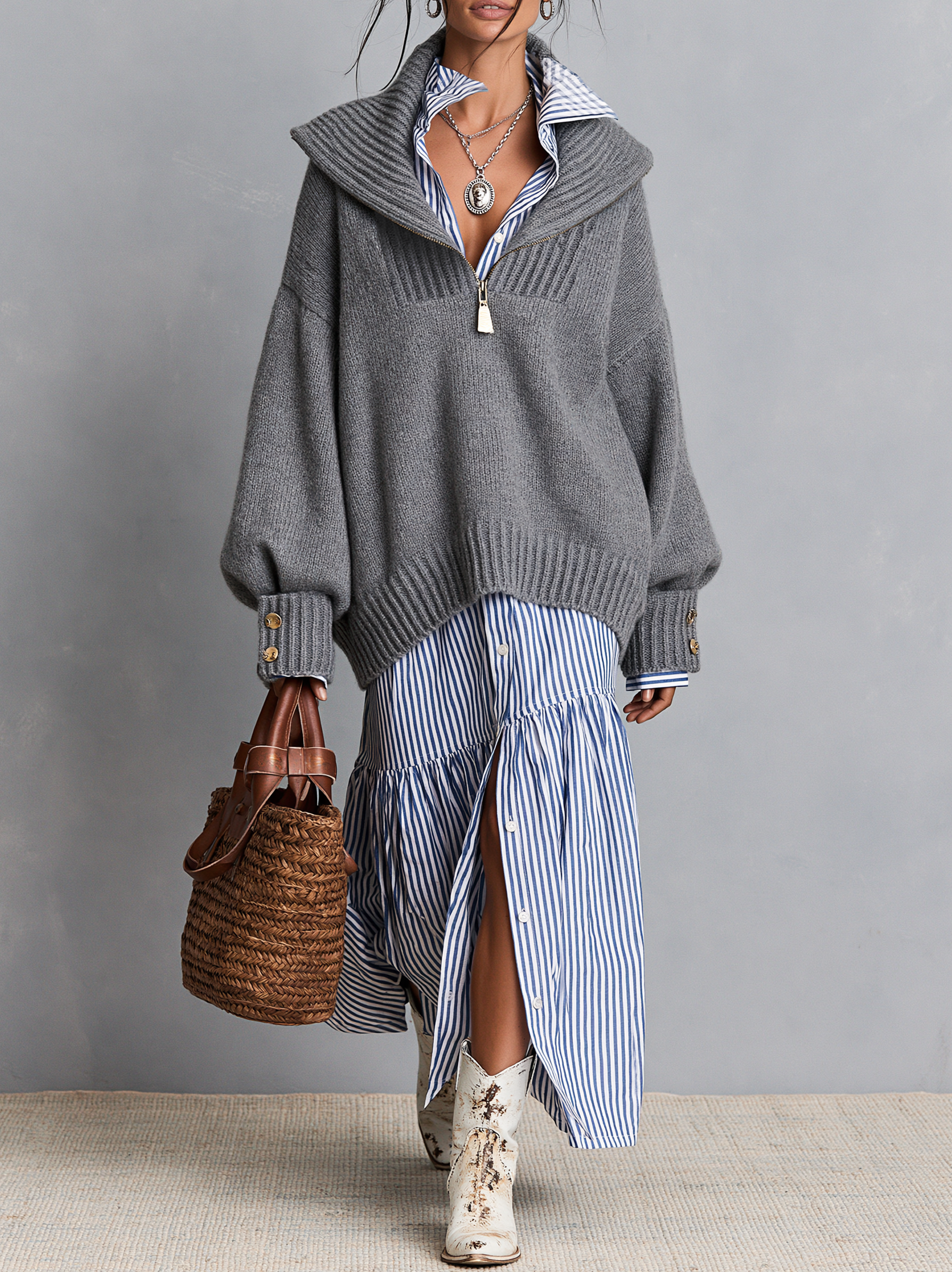 Women's Vintage Zip-Collar Sweater And Striped Maxi Dress Set MDZ2881H0WY