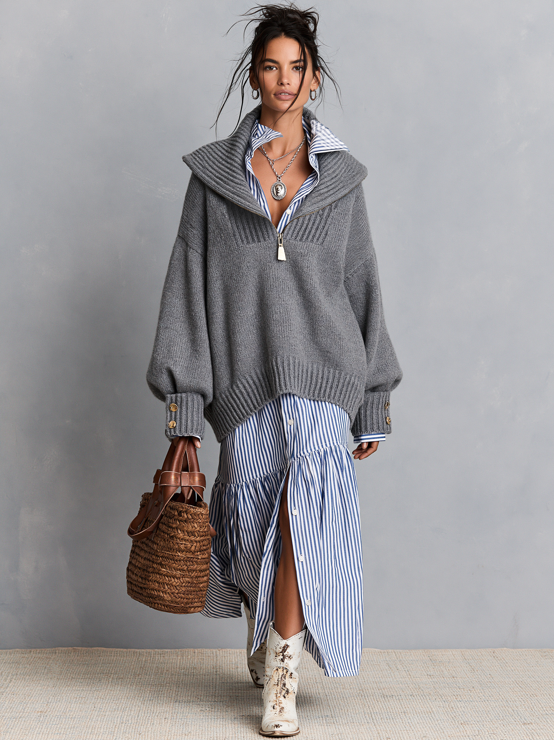 Women's Vintage Zip-Collar Sweater And Striped Maxi Dress Set MDZ2881H0WY