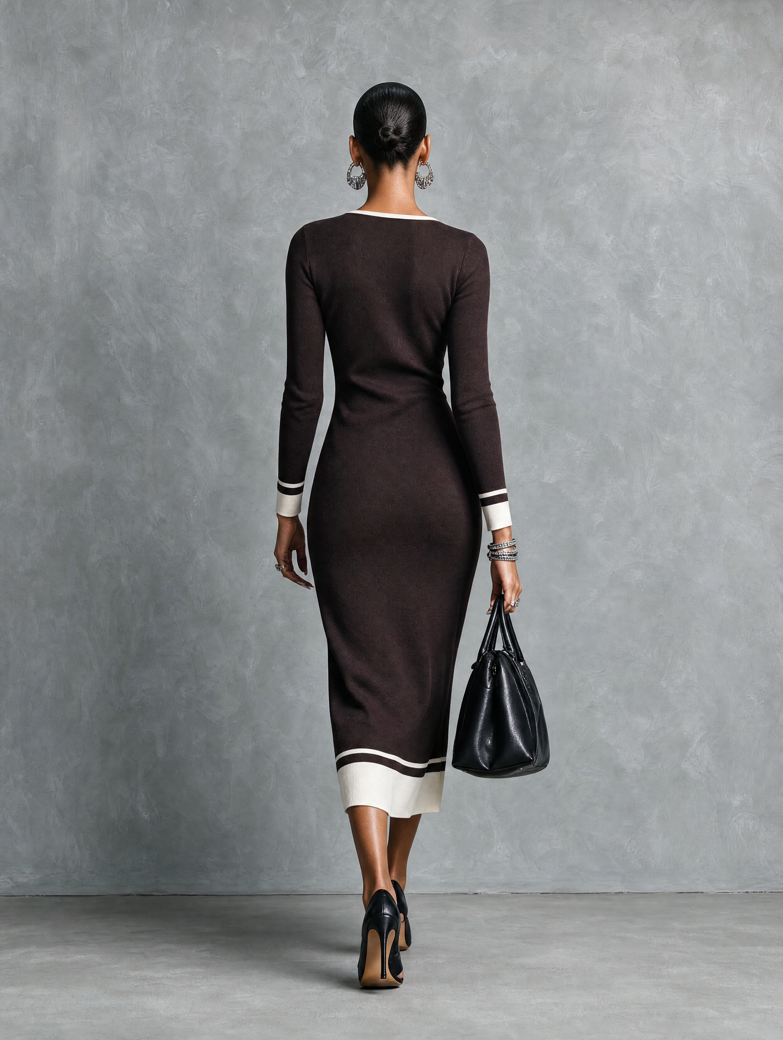 Women's Casual Brown Stretch Knit V-Neck Midi Dress MDZ2800H6LXY