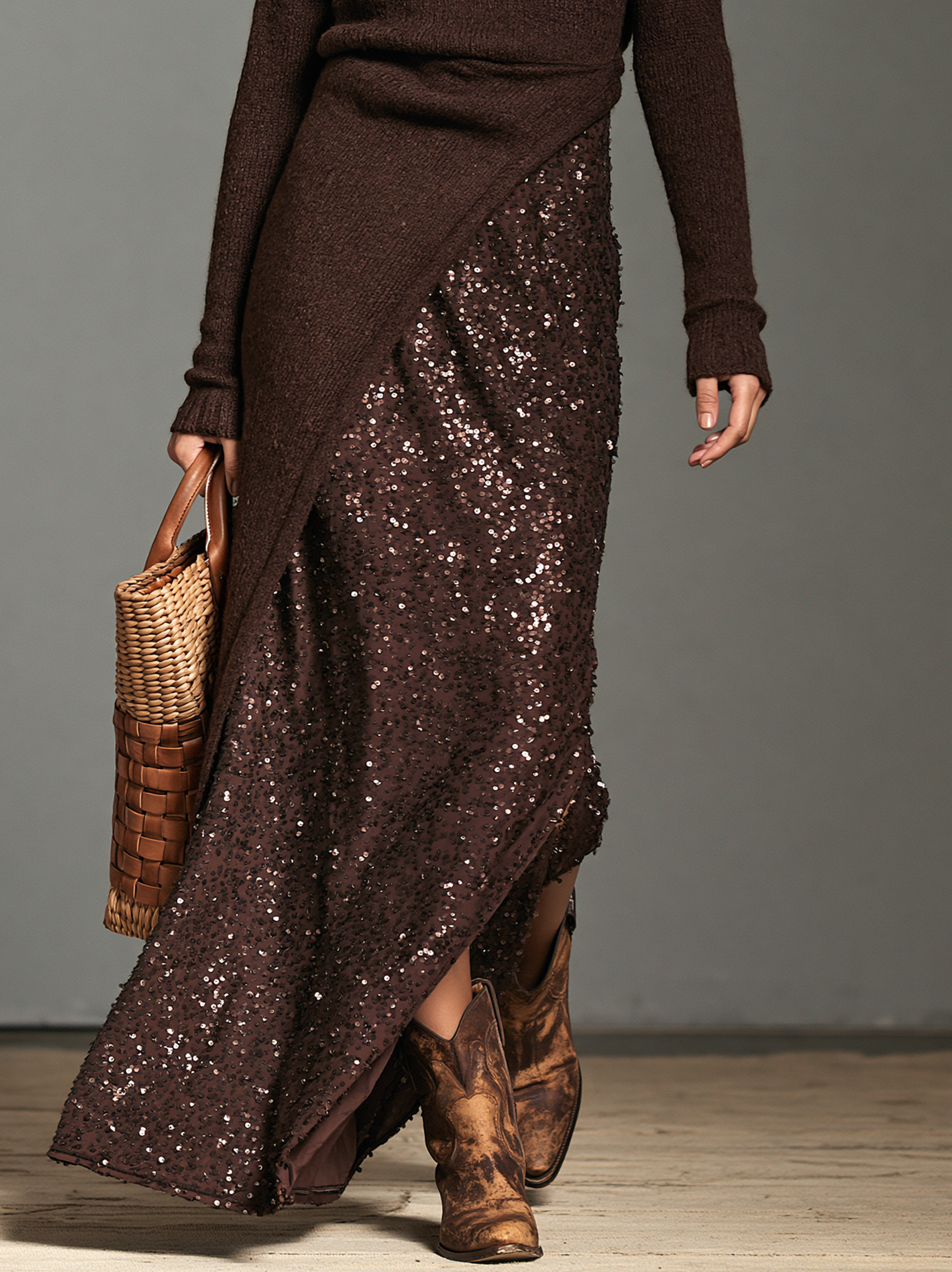 Women's Vintage-Style Knit-and-Sequin Maxi Dress With Side Slit MDZ2883H6WY