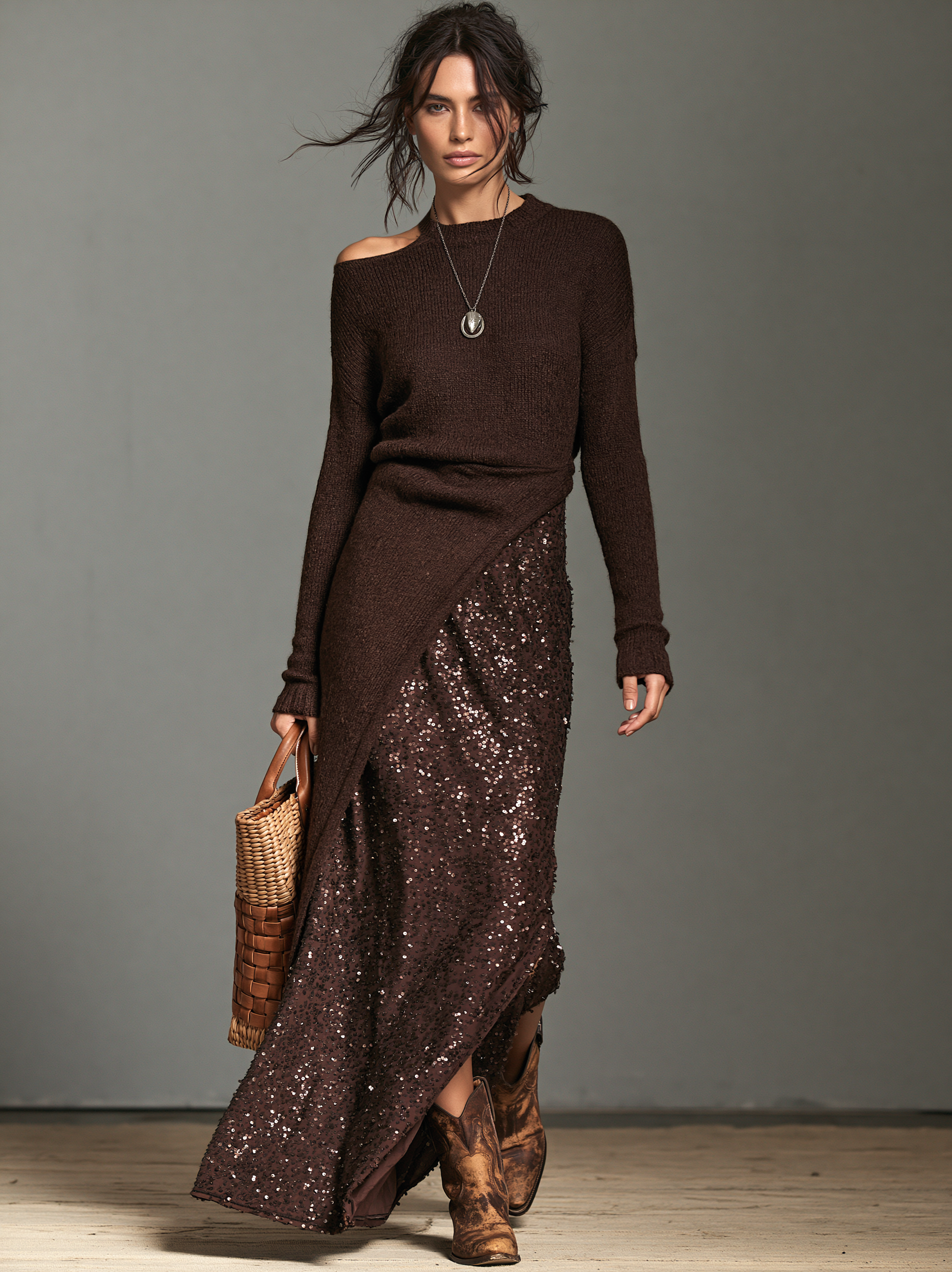 Women's Vintage-Style Knit-and-Sequin Maxi Dress With Side Slit MDZ2883H6WY