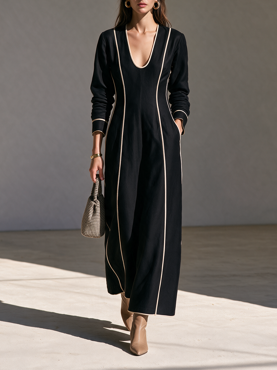 Women's Deep U-Neck Contrast-Piping Long-Sleeve Belted Pocket Slim Maxi Dress MDZ2704H5CMX