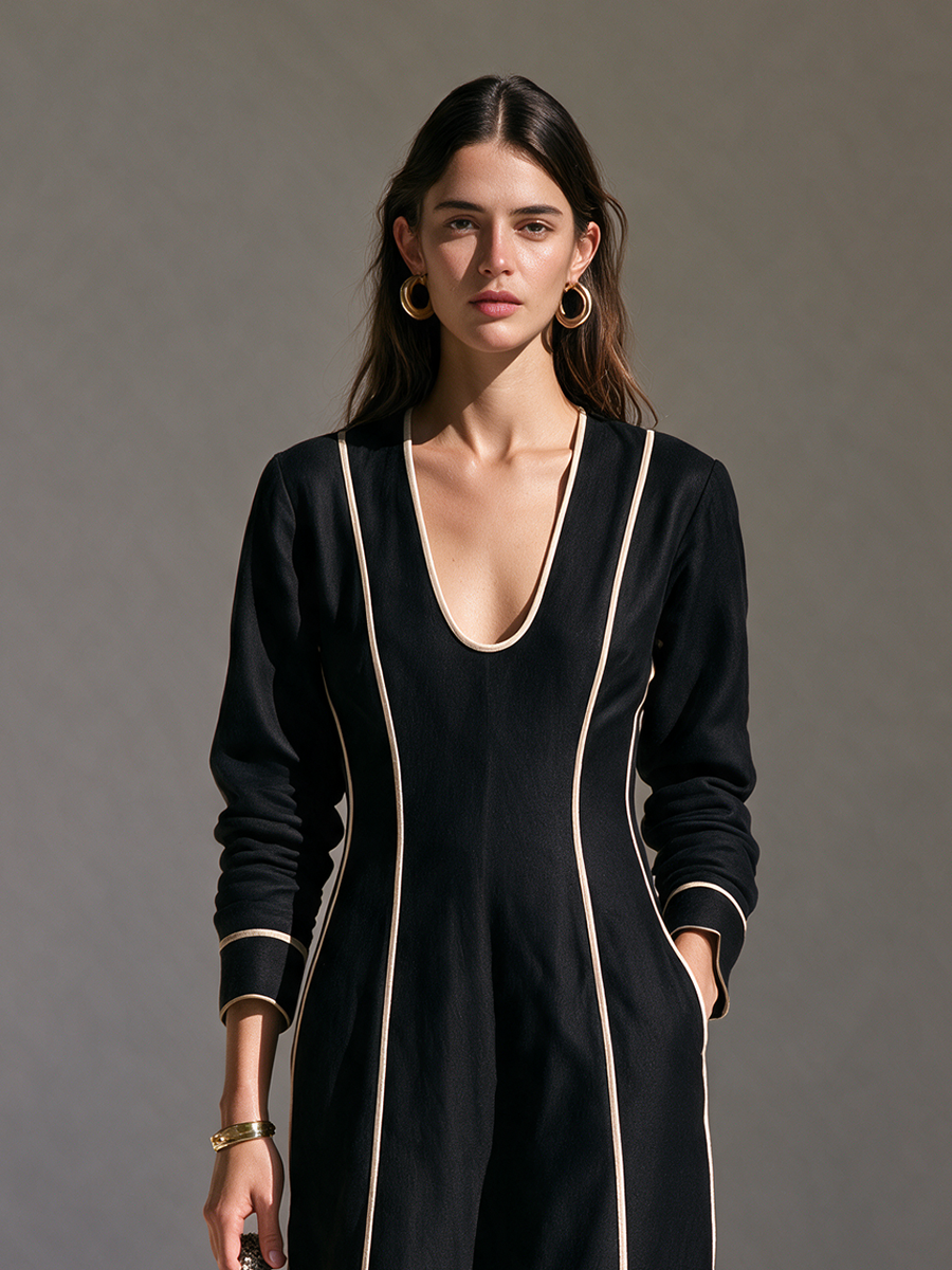 Women's Deep U-Neck Contrast-Piping Long-Sleeve Belted Pocket Slim Maxi Dress MDZ2704H5CMX