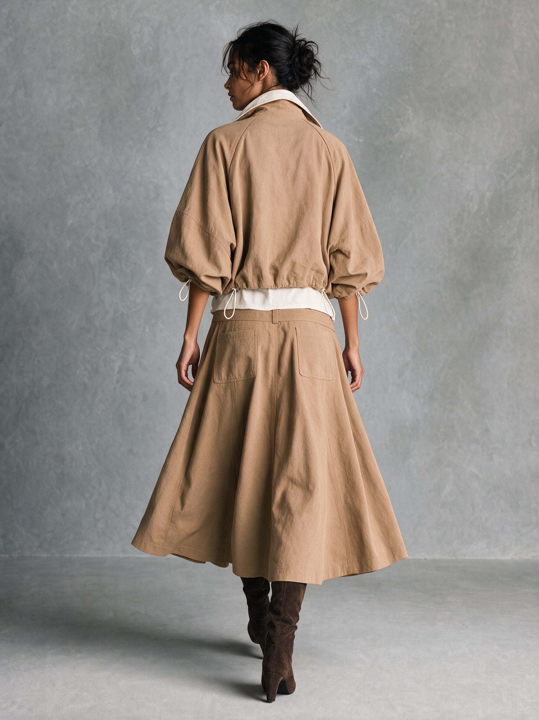 Women's Casual Khaki Woven Long-Sleeve Jacket And Skirt Two-Piece Set (White Inner Top Not Included) MDZ2805H6LXY