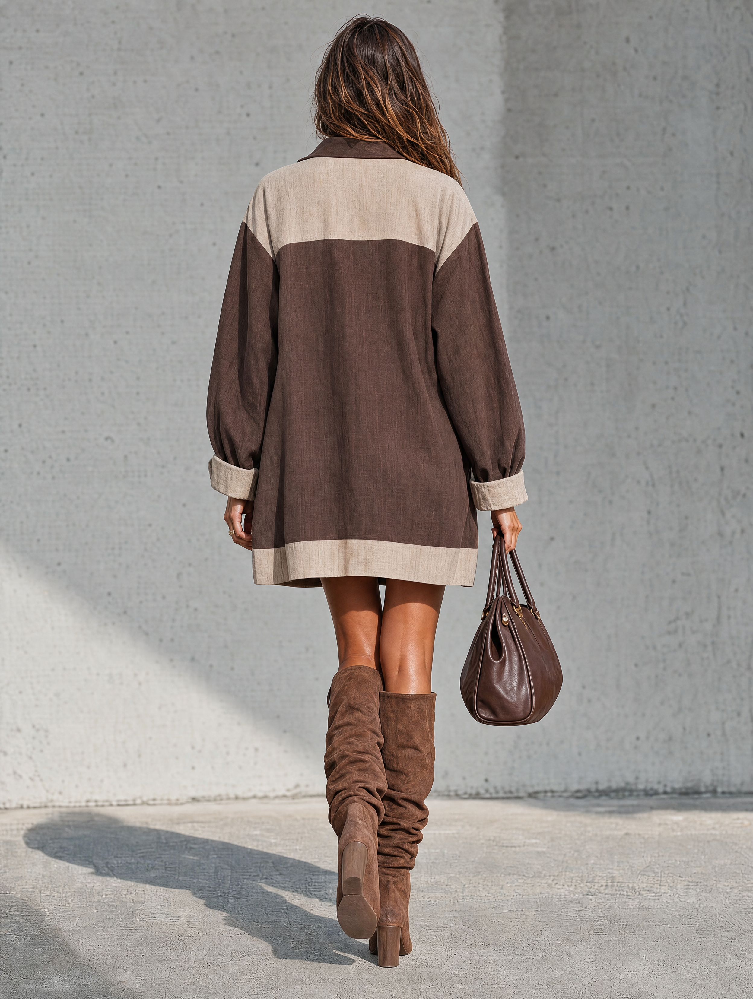 Women's Casual Long-Sleeve Mini Dress – Brown & Beige Color-Block Cotton-Linen Blend MDZ2827H5LXY
