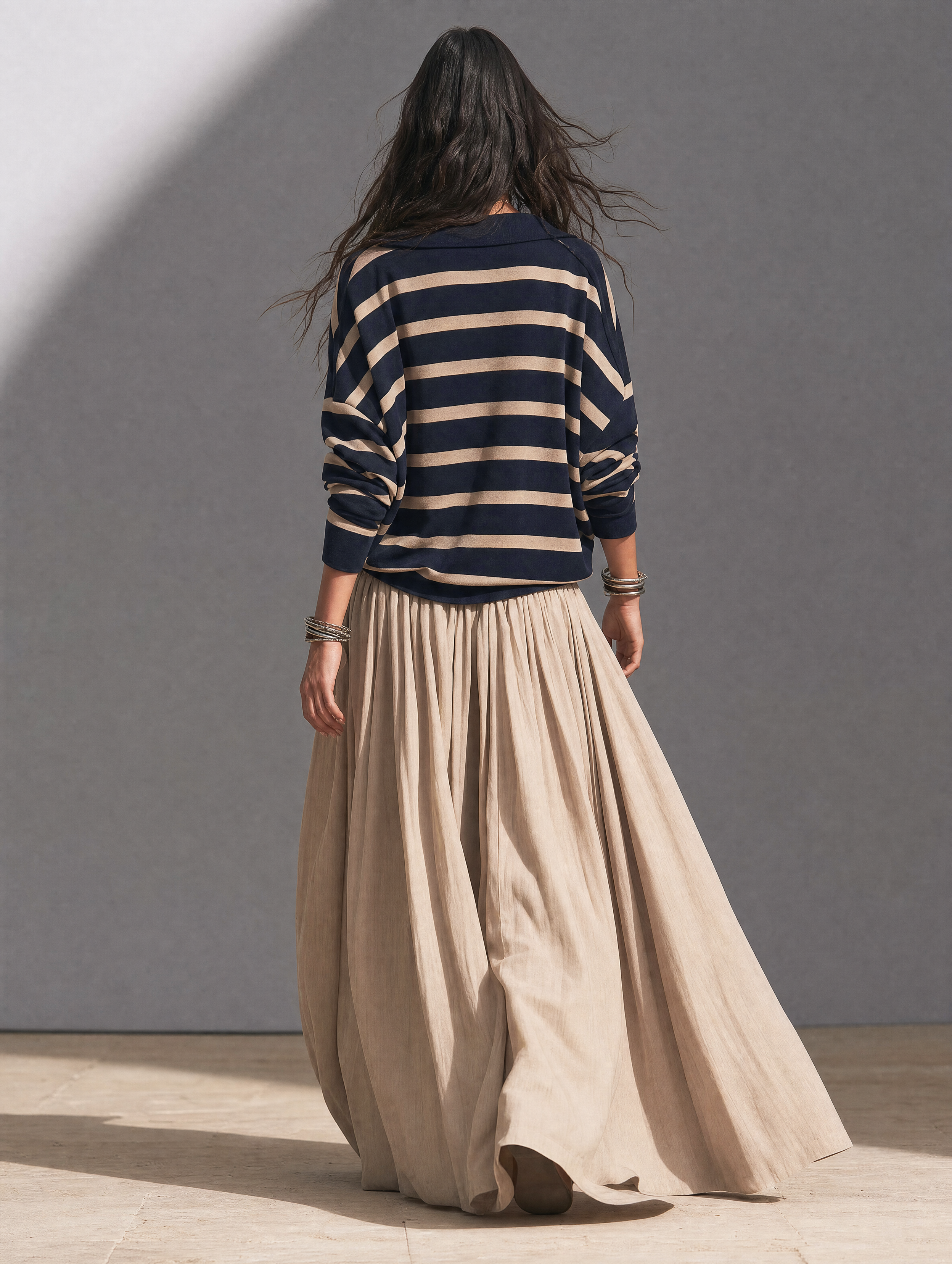 Women's Casual Striped Knit Sweatshirt And Khaki Woven Skirt Two-Piece Set MDZ2800H3LXY