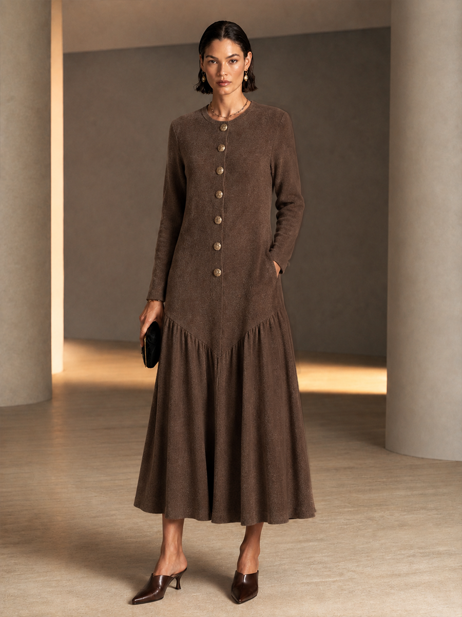 Women's Button Detail Elegant Round Neck Maxi Dress MDZ2831H0GMJ