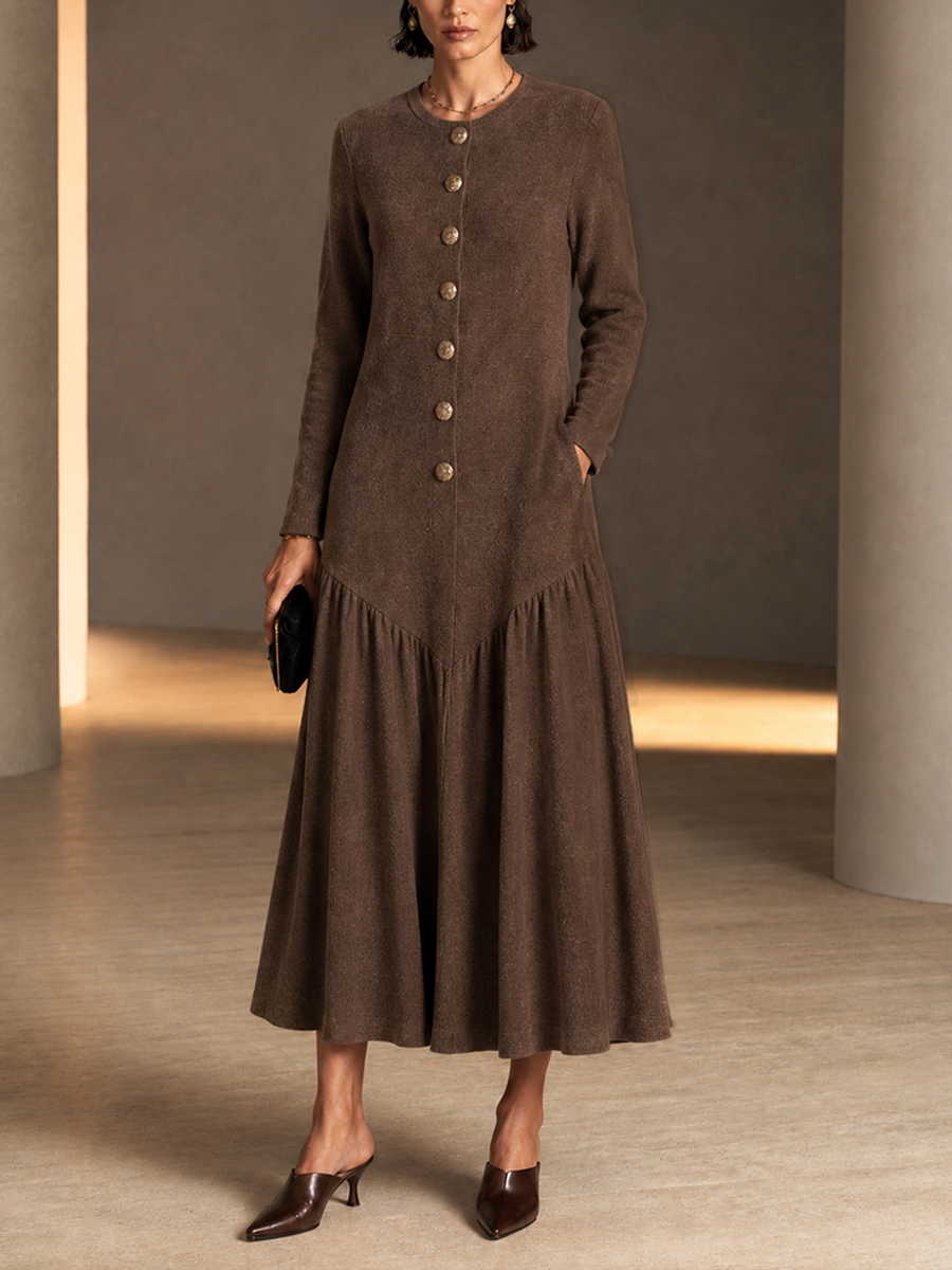 Women's Button Detail Elegant Round Neck Maxi Dress MDZ2831H0GMJ