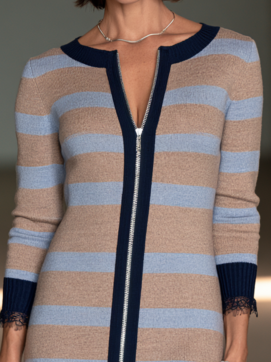 Women's Striped Commuter Knit Zip-Front Mini Dress MDZ2843H3GMJ