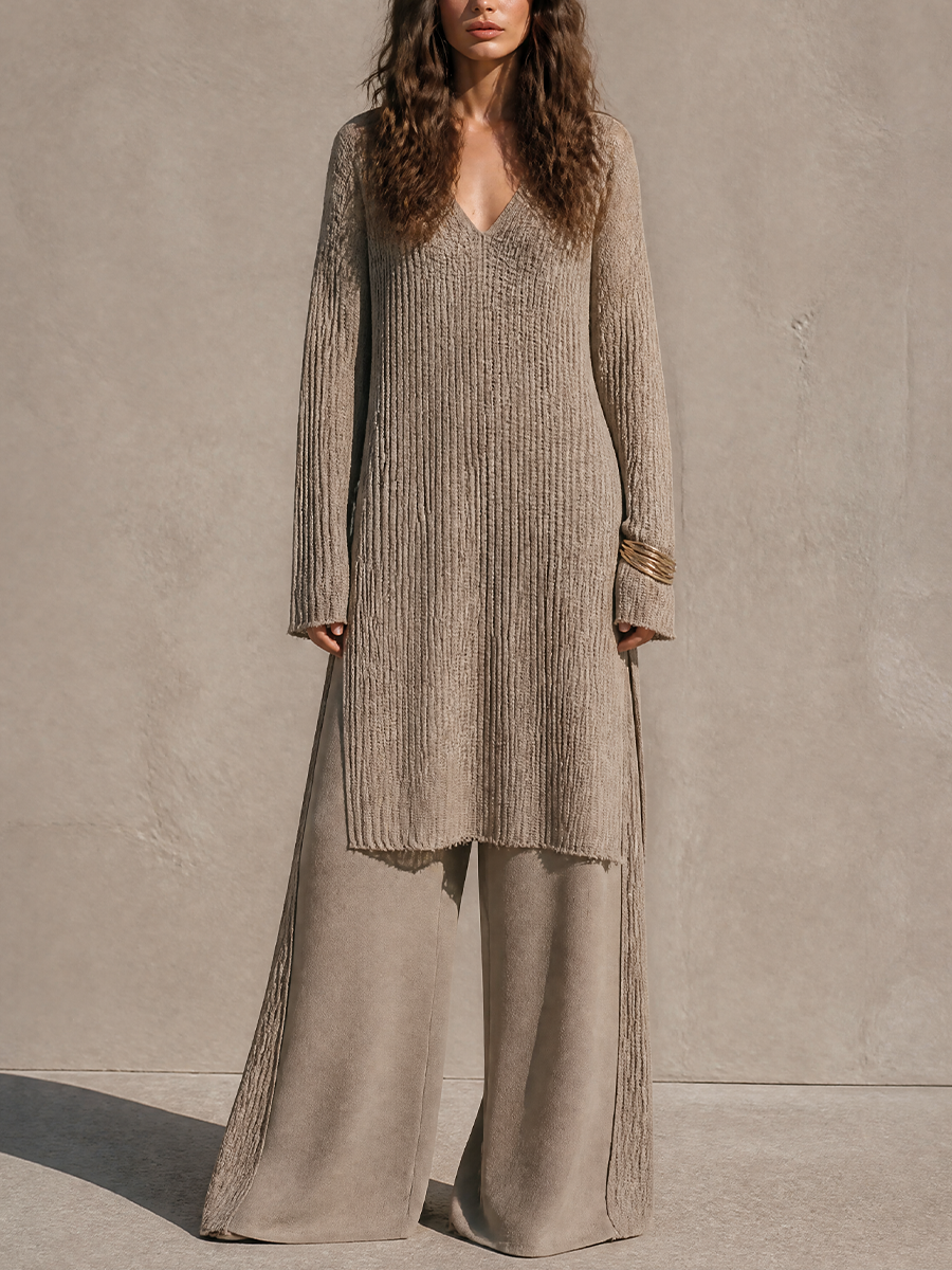 Women's Elegant Knit V-Neck Long Tunic And Panelled Wide-Leg Pants Set MDZ2870H5GMJ