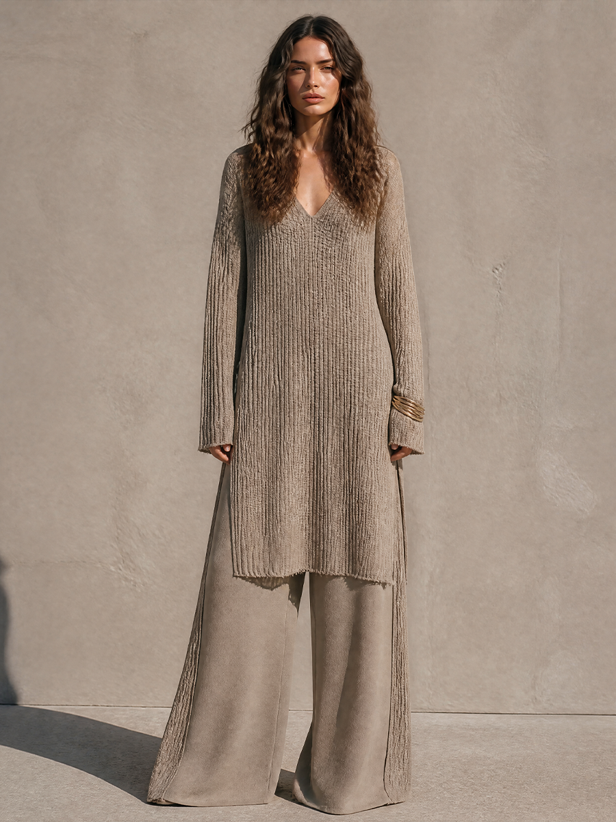 Women's Elegant Knit V-Neck Long Tunic And Panelled Wide-Leg Pants Set MDZ2870H5GMJ