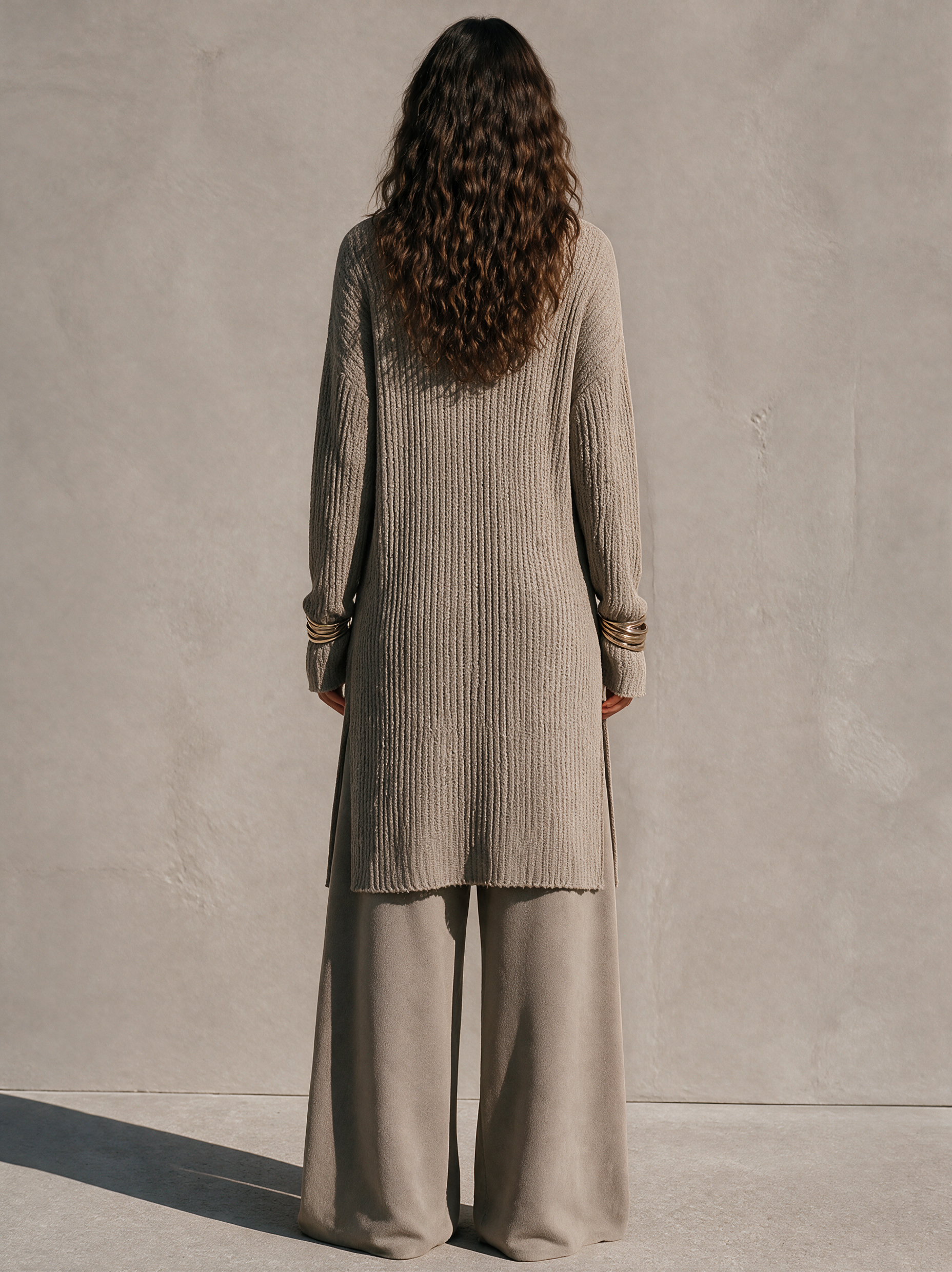 Women's Elegant Knit V-Neck Long Tunic And Panelled Wide-Leg Pants Set MDZ2870H5GMJ
