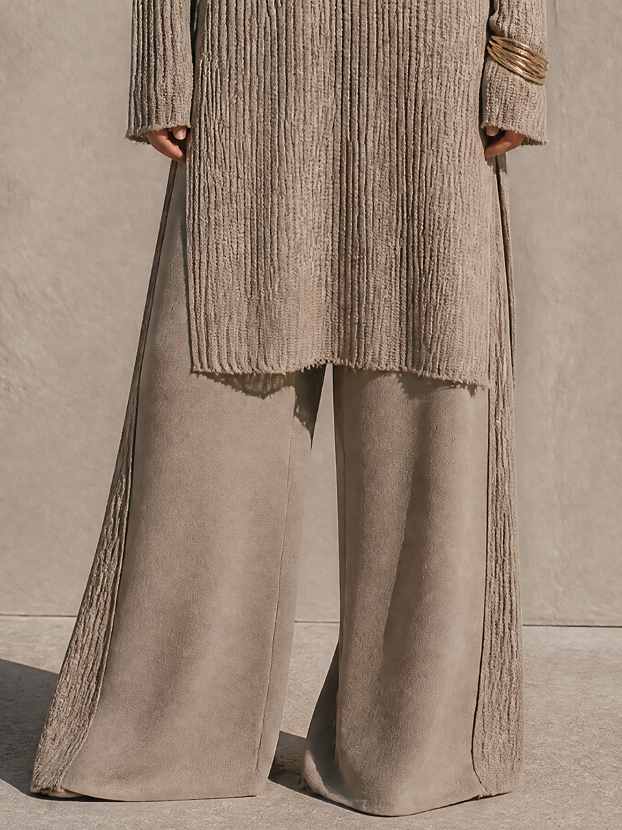 Women's Elegant Knit V-Neck Long Tunic And Panelled Wide-Leg Pants Set MDZ2870H5GMJ