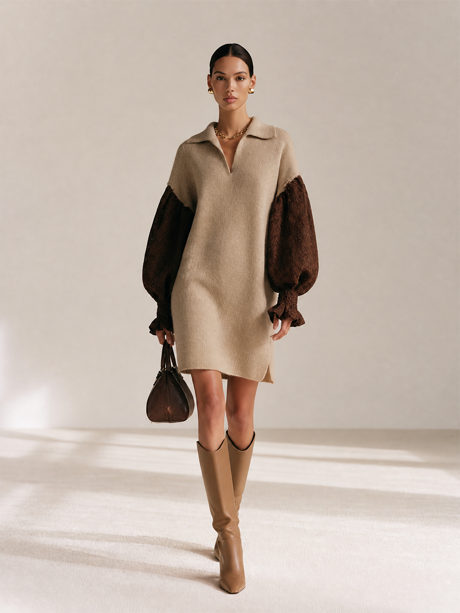 Women's Collared Contrast‑Lace Puff Long‑Sleeve Relaxed Knitted Mini Dress MDZ3152H4CMX