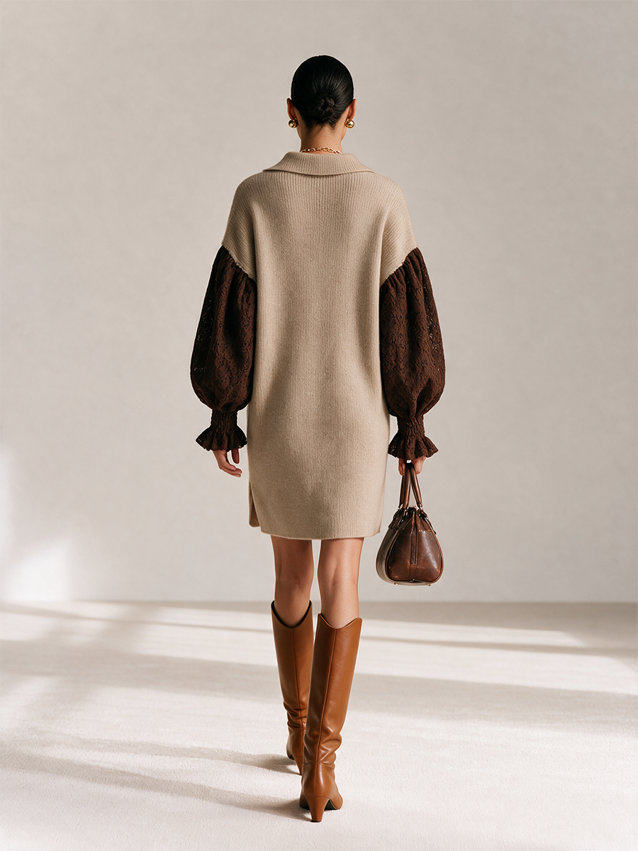 Women's Collared Contrast‑Lace Puff Long‑Sleeve Relaxed Knitted Mini Dress MDZ3152H4CMX